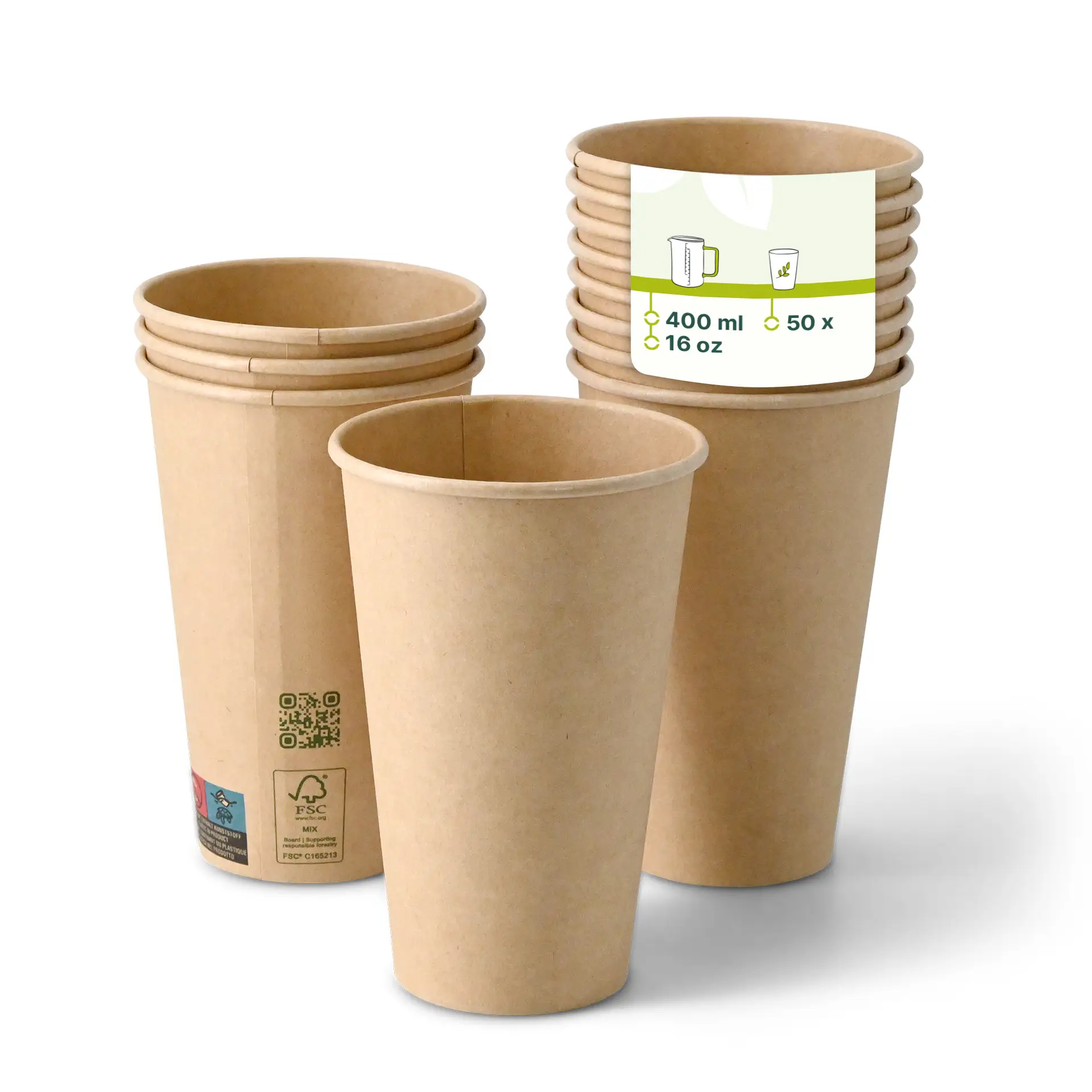 Jednowarstwowy brązowy kubek papierowy, 400 ml (16 oz), pokryty PLA do napojów gorących i zimnych; ułożony z etykietą z detalami.