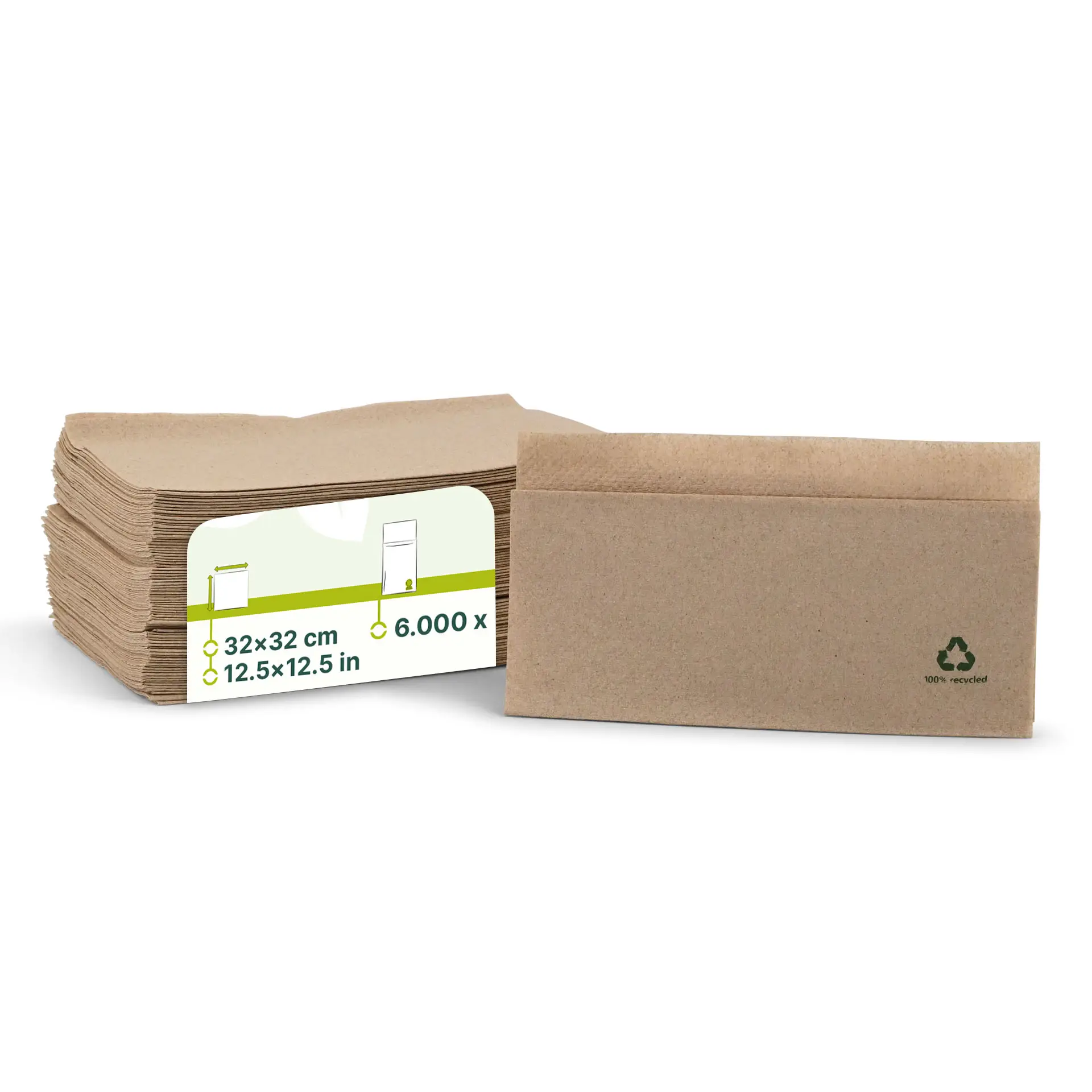 Stosunek niebielonych serwetek papierowych, 32 x 32 cm, z etykietą z informacjami o produkcie i symbolem recyklingu.