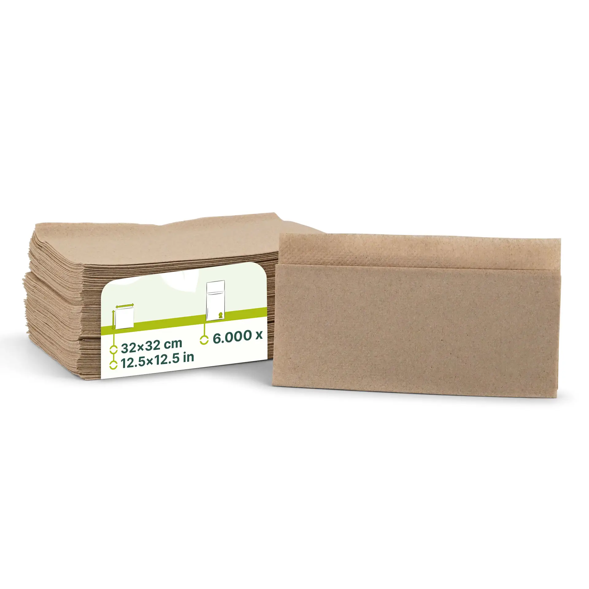 Stos niebielonych serwetek papierowych, 32 x 32 cm, z etykietą z danymi produktu i symbolem recyklingu.