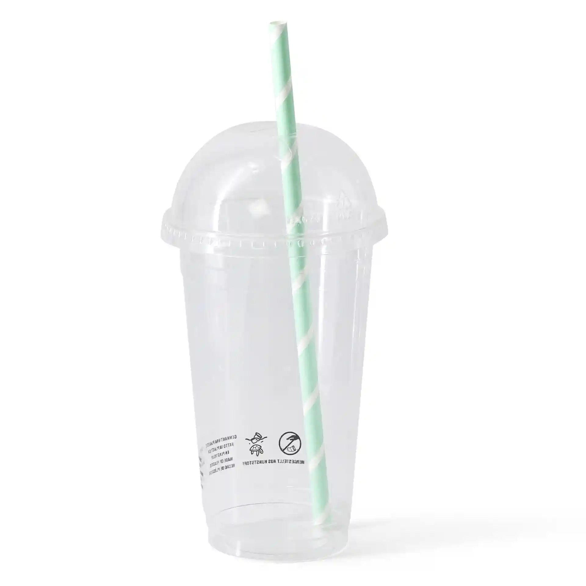 Przezroczysty plastikowy kubek z kopułkową pokrywką i zieloną słomką w paski, średnica 95 mm na górze.