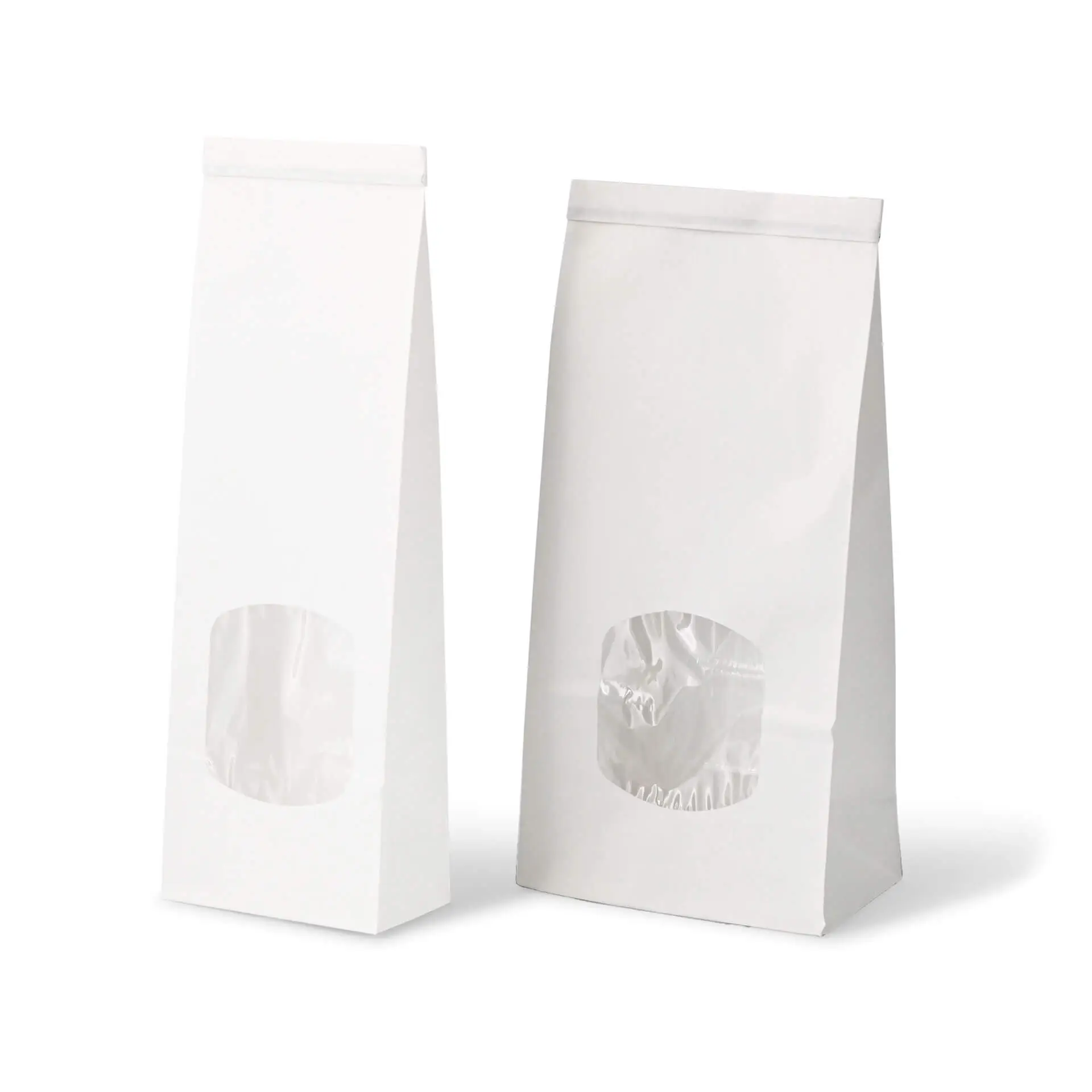 Białe papierowe torby z dnem prostokątnym z oknem, odpowiednie do napełniania aromatycznymi towarami; z metalowym zamknięciem i wewnętrzną powłoką PP.