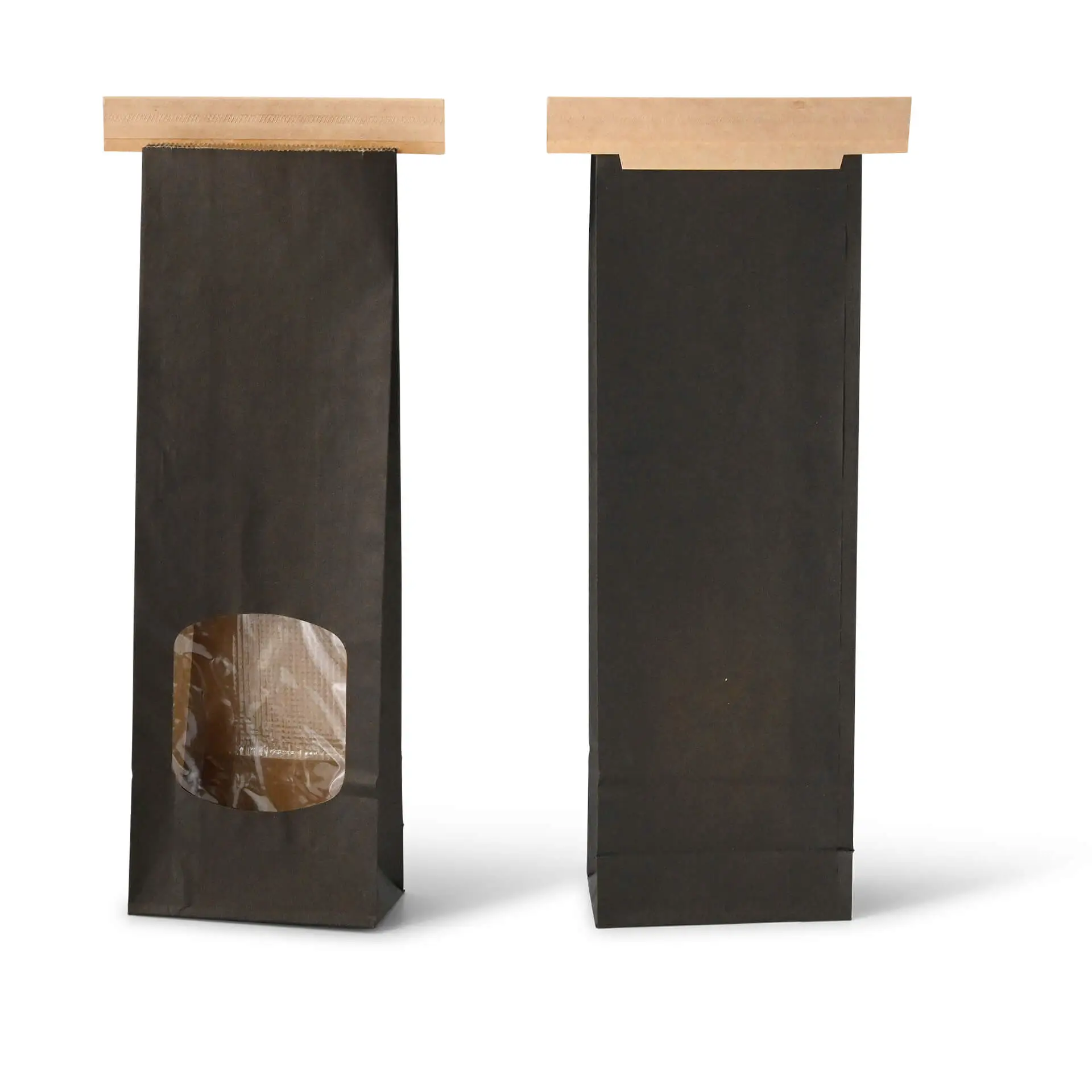 Czarna papierowa torba o prostokątnym dnie z zamknięciem i oknem, odpowiednia dla towarów aromatycznych; rozmiar 9 x 4,5 x 26 cm.