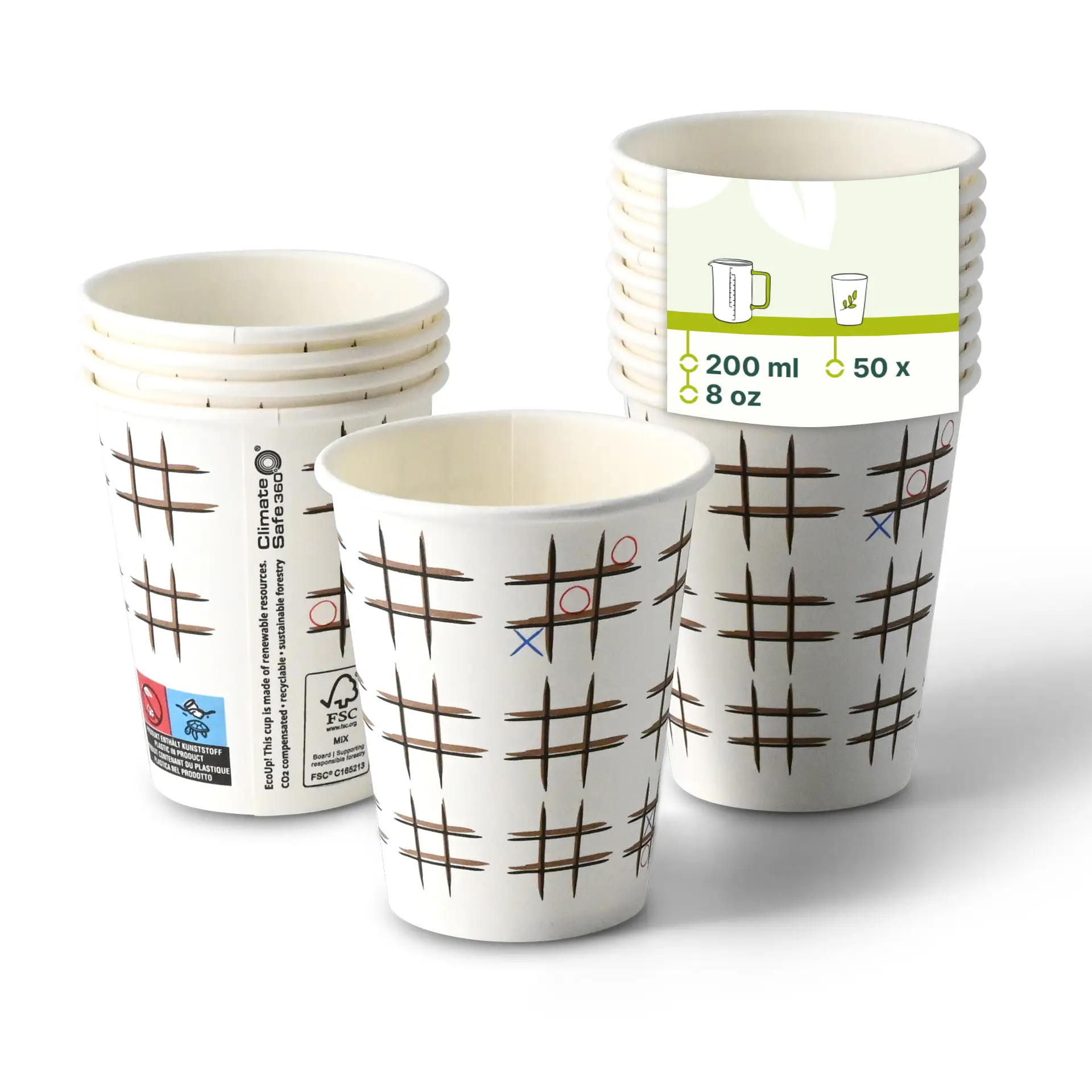 Jedna biało papierowa filiżanka z zabawnym nadrukiem "Tic Tac Toe" w centrum; kilka podobnych filiżanek pokazanych z tyłu z niższą przezroczystością.