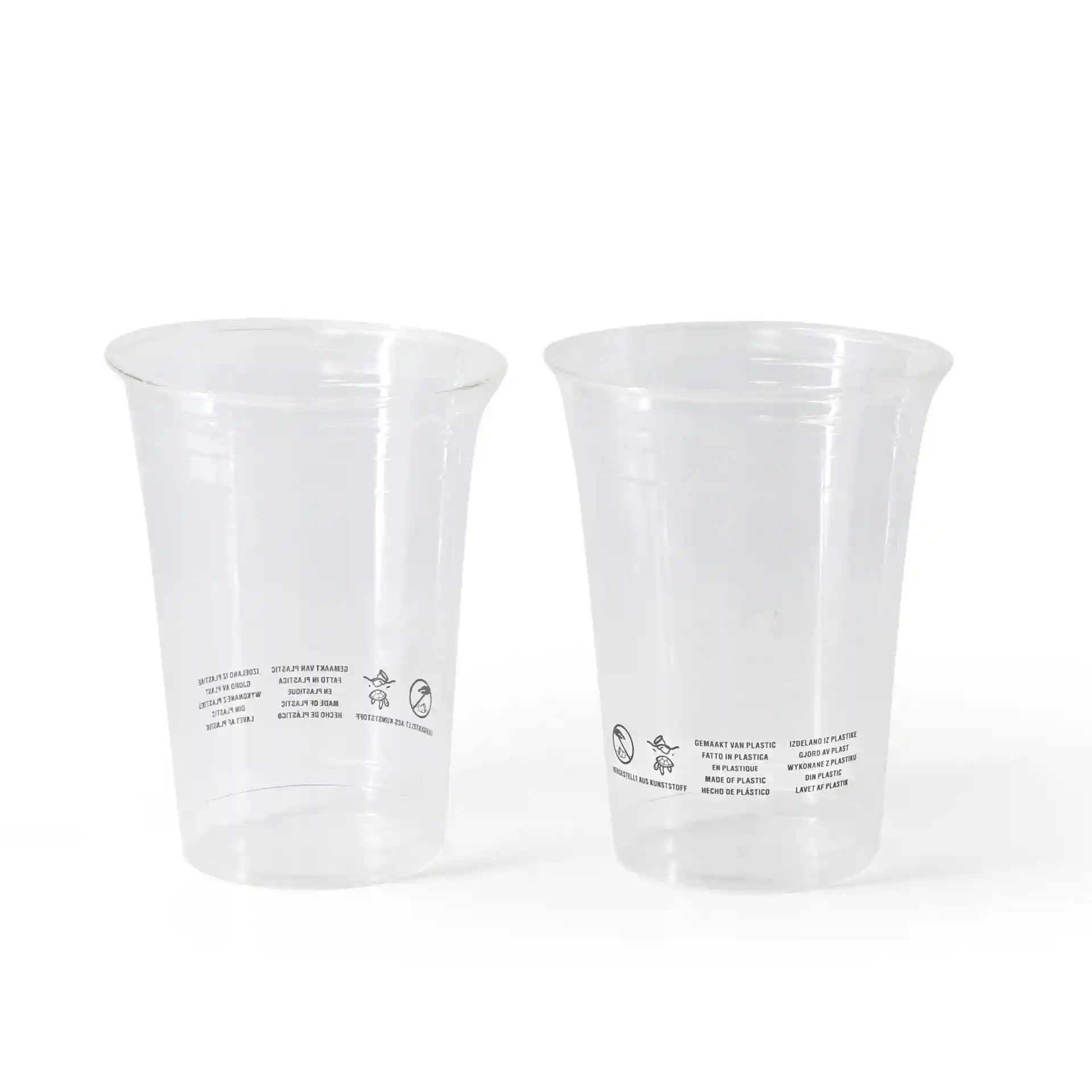 Przezroczyste kubki PLA, pojemność 400 ml, z widocznymi oznaczeniami z boku, pokazane dwa kubki.