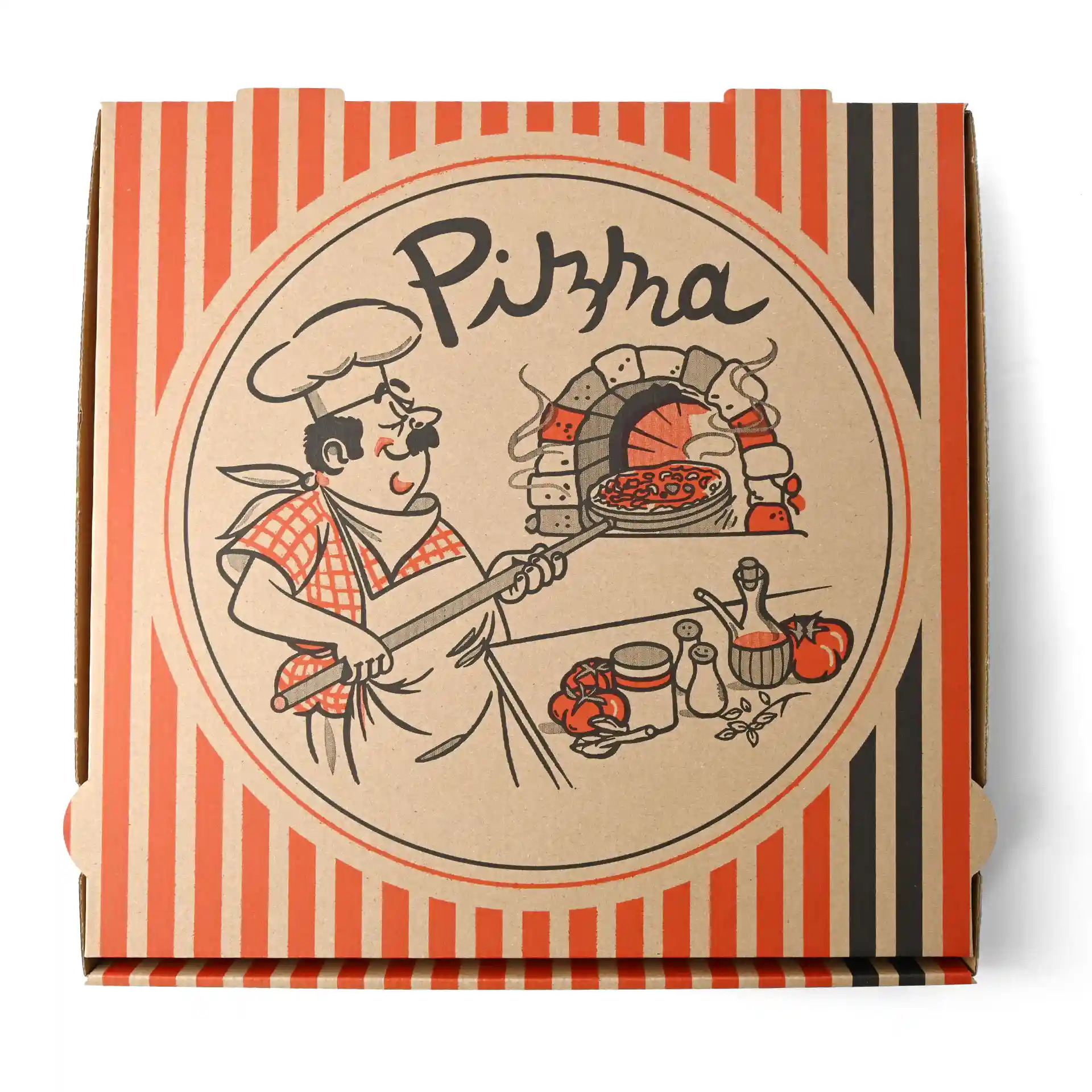 Pudełko na pizzę z wzorem kucharza pizzy, brązowy kolor, wymiary 32 x 32 x 4 cm.