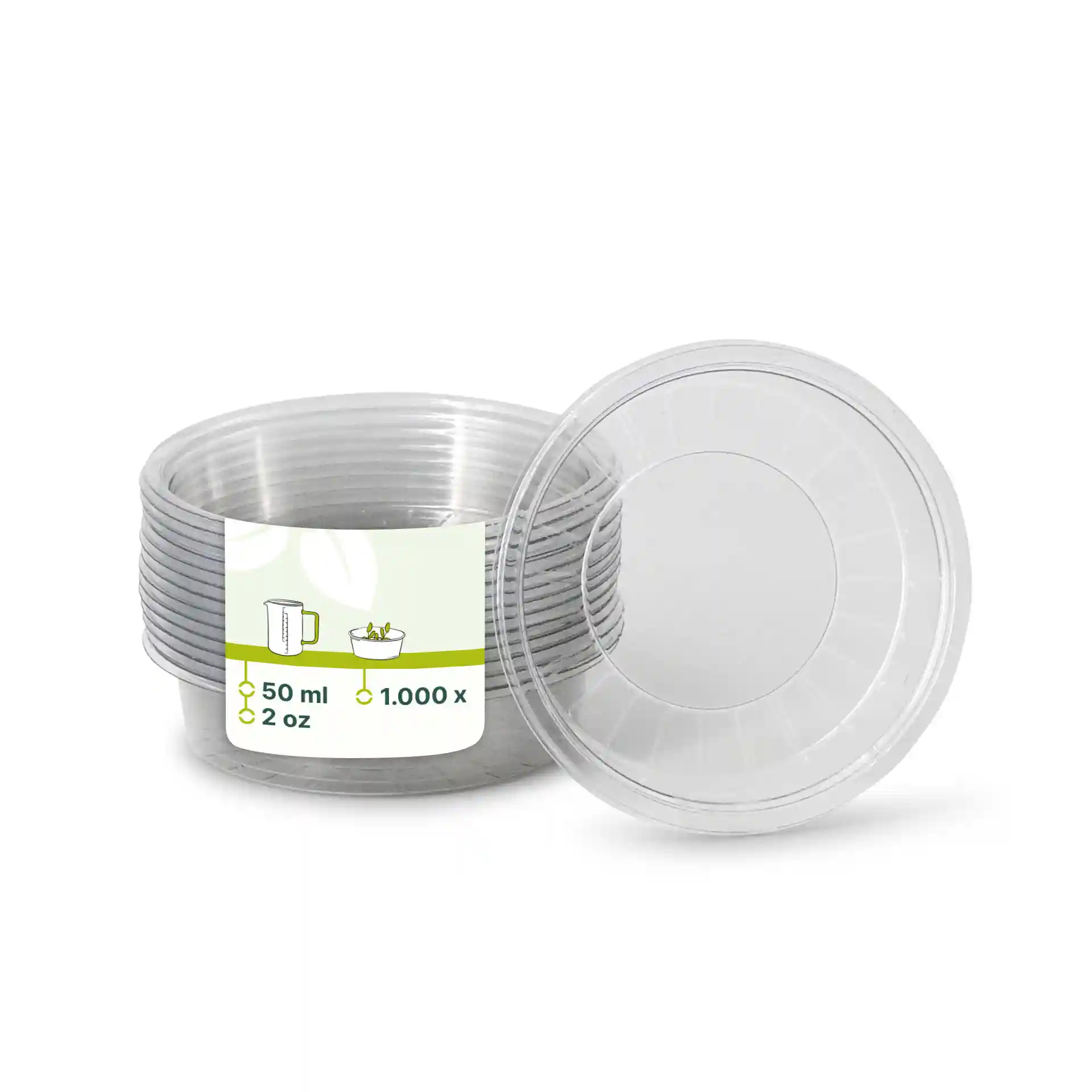 Przezroczyste pojemniki rPET na sos o średnicy 75 mm, ułożone z etykietą wskazującą pojemność 50 ml.