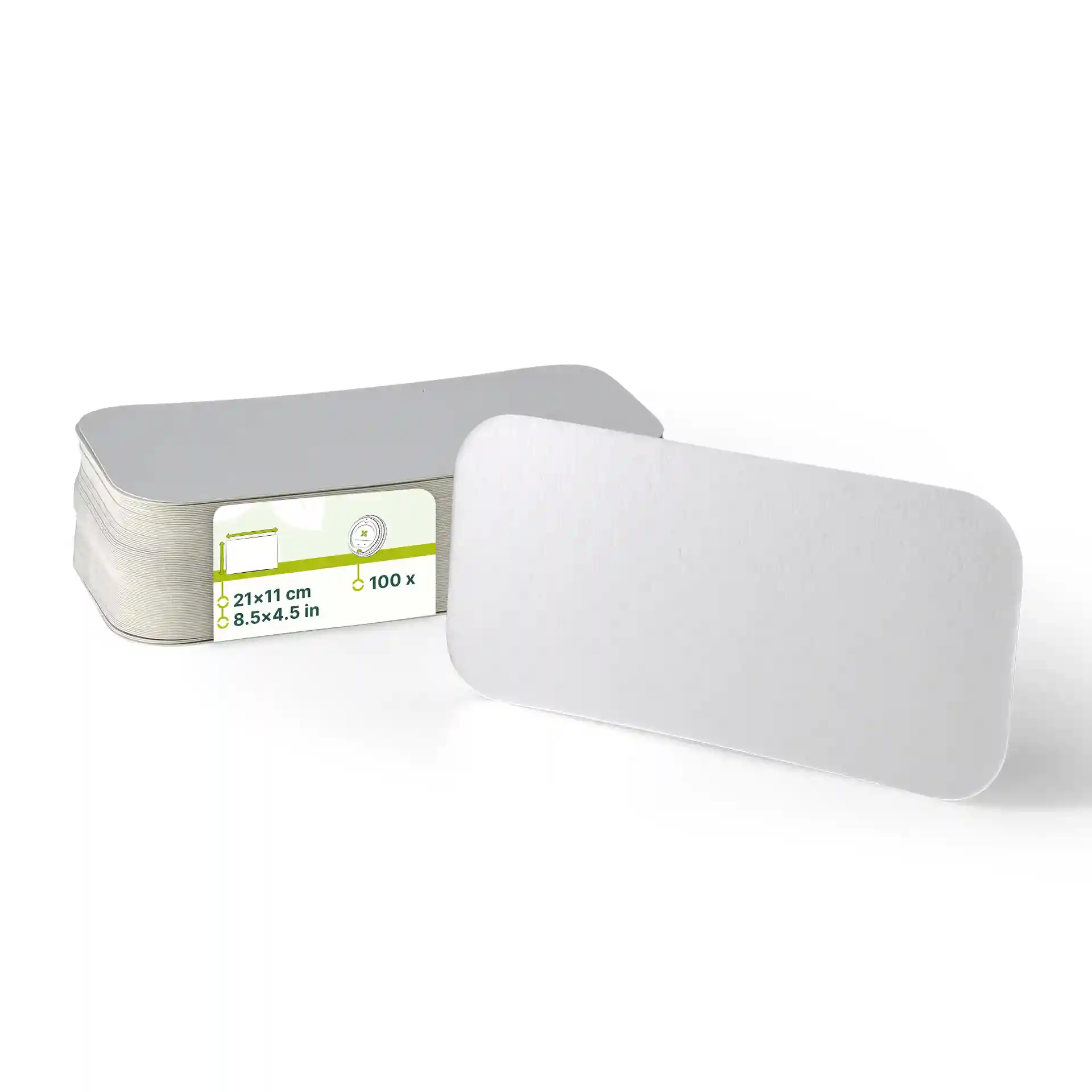Stos prostokątnych aluminiowych pokrywek kartonowych z jednym pokrywką wyświetloną, wymiary 21x11 cm.