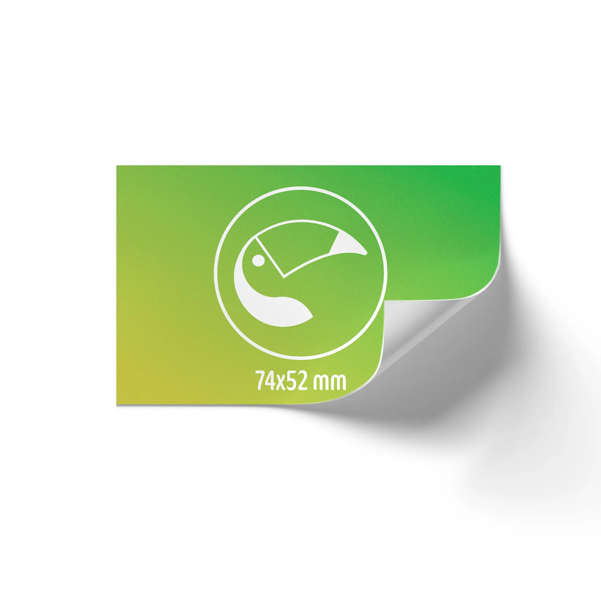Spersonalizowany nadrukowany rolka etykiety w zielonym gradiencie z zaokrąglonymi rogami, pokazujące wymiary 74x52 mm i projekt graficzny.