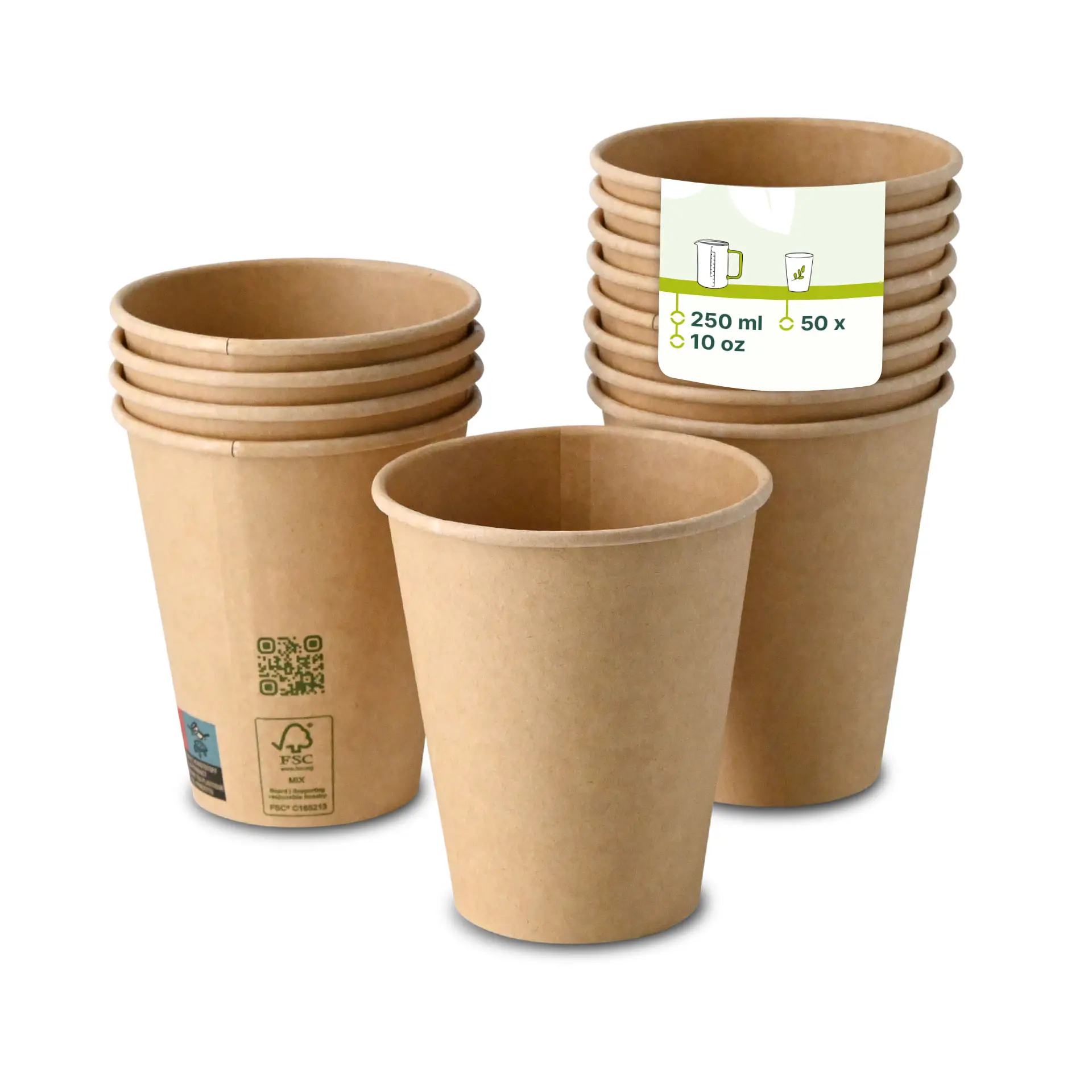 Jedna brązowa jednowarstwowa papierowa filiżanka, pojemność 250 ml, z powłoką PLA; kilka podobnych filiżanek ułożonych za nią.