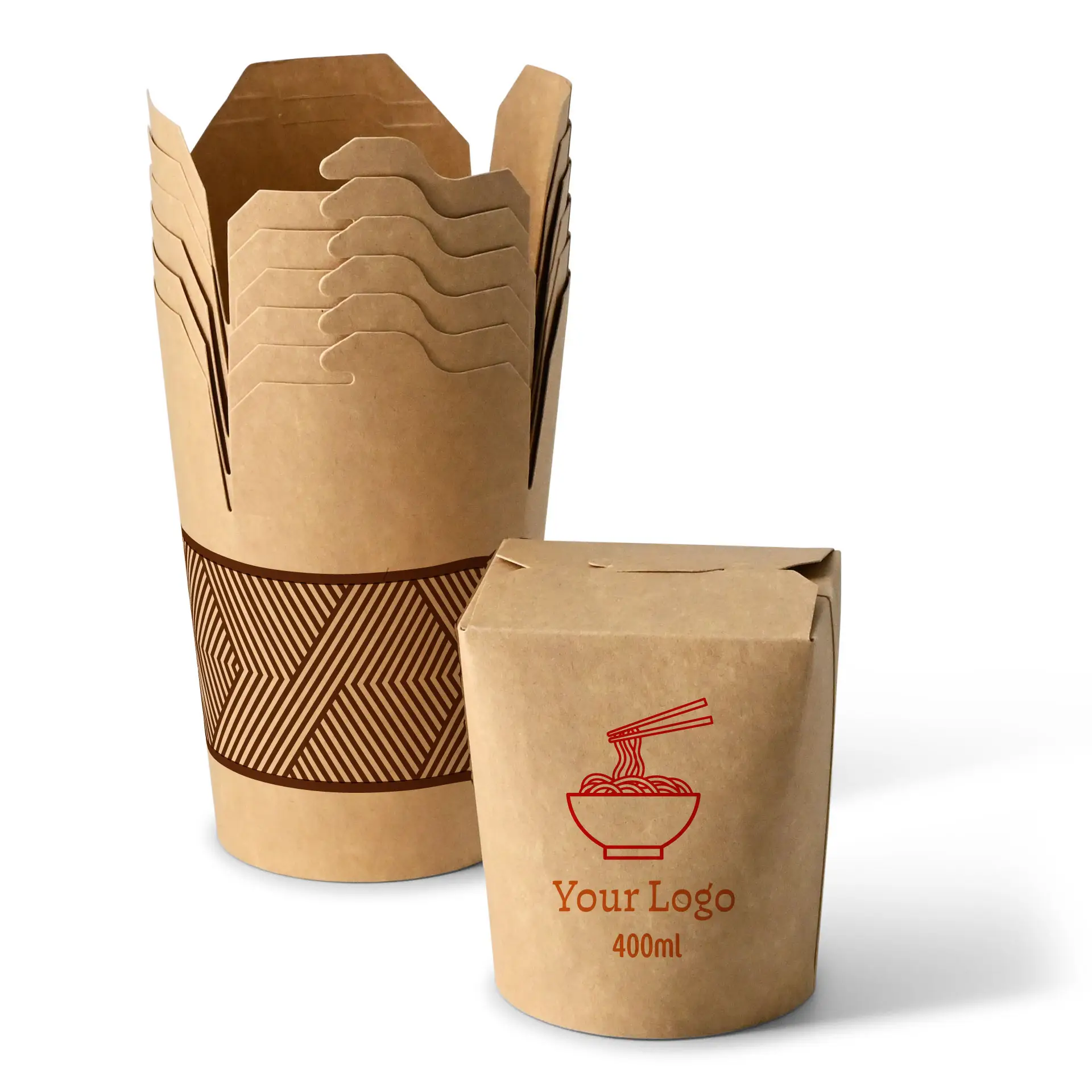 Pudełka na makaron z nadrukiem, 400 ml, brązowe, powłoka PLA