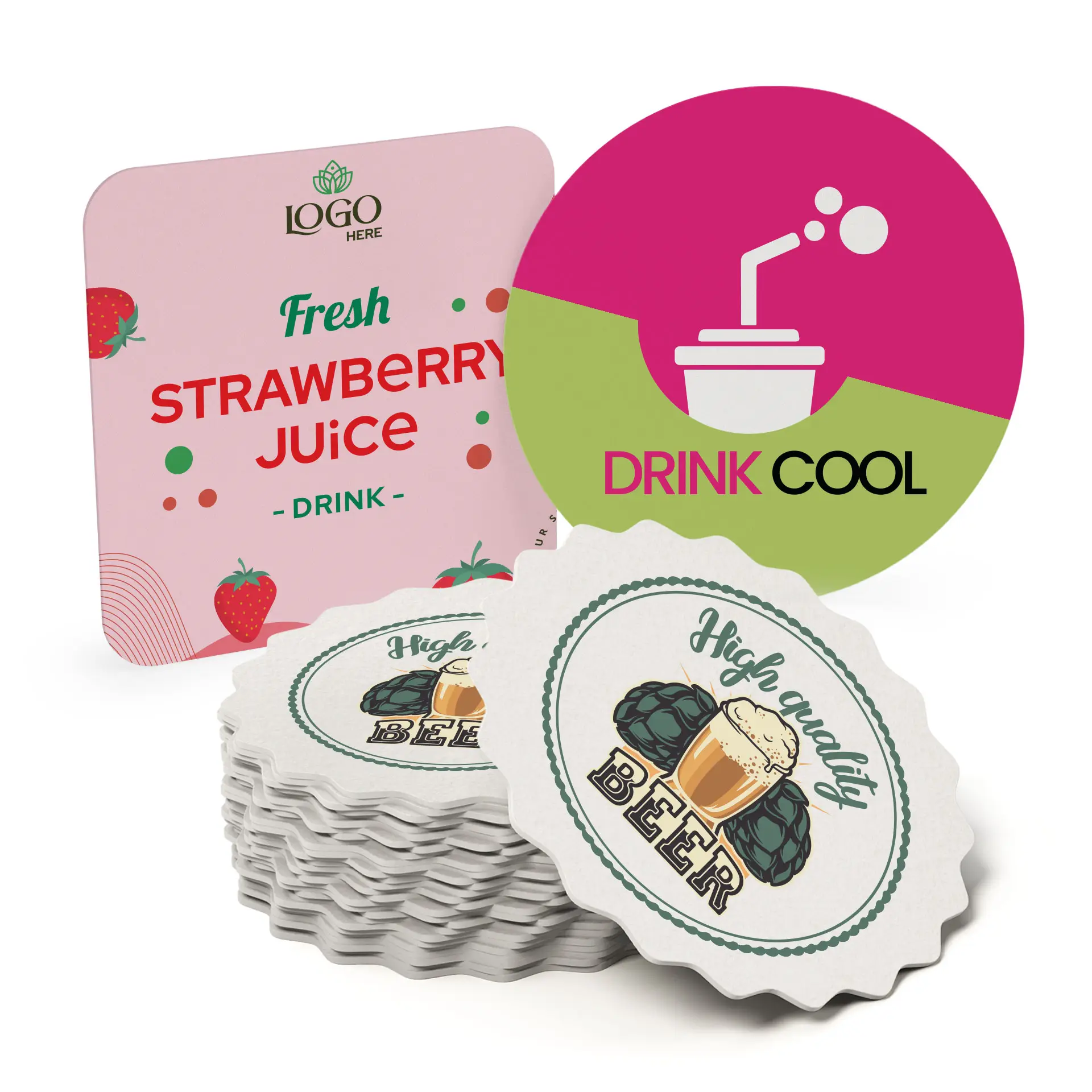 Obraz trzech drukowanych podkładek pod piwo: jedna okrągła z ikoną napoju i "Drink Cool", różowa kwadratowa podkładka z "Fresh Strawberry Juice" oraz kilka białych podkładek w kształcie kapsli z "High Quality Beer."