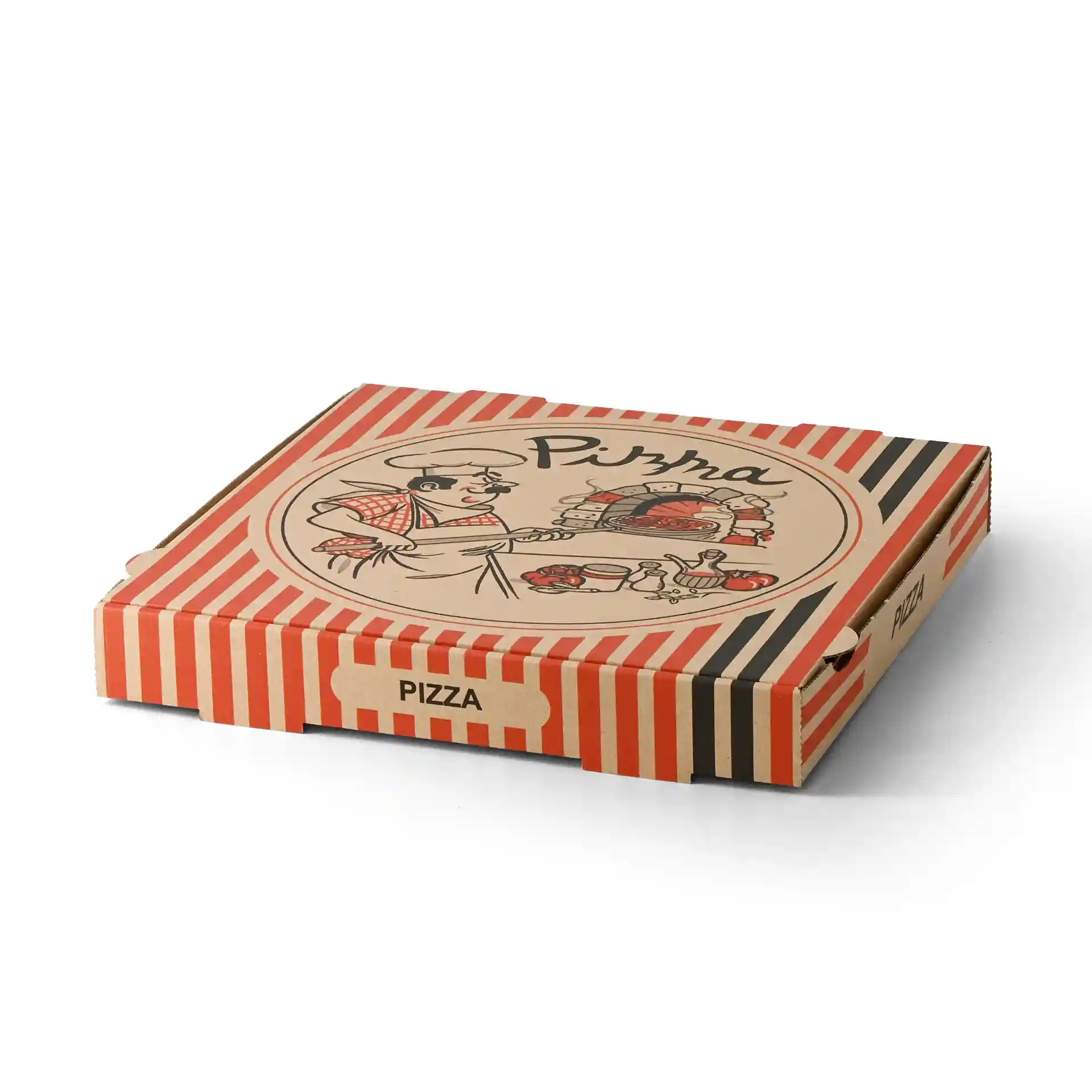 Pudełko na pizzę z wzorem szefa pizzy, brązowe z czerwonymi i czarnymi paskami, 30 x 30 x 4 cm.