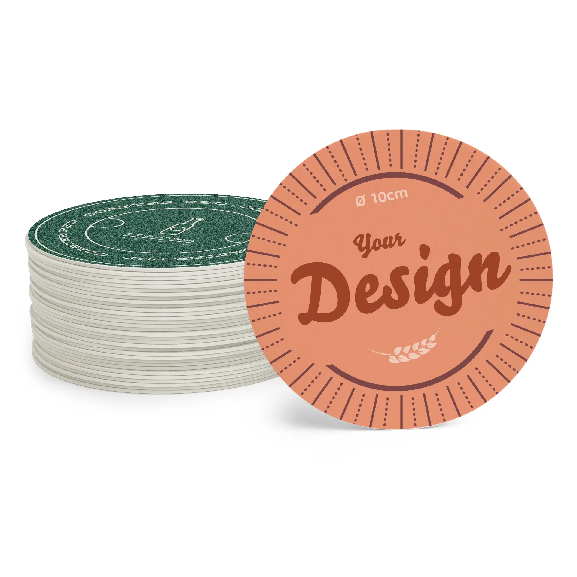Stos printed coasters z okrągłym wzorem o średnicy 10 cm z możliwością personalizacji na brzoskwiniowym tle.