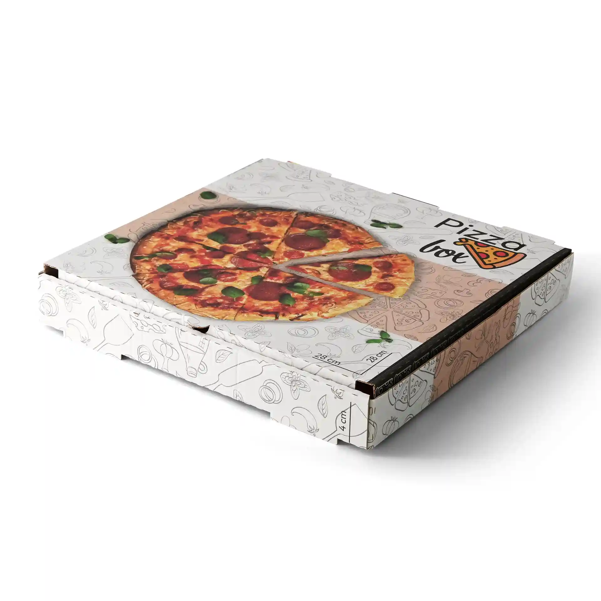 Pudełko na pizzę z nadrukiem, wymiary 28 x 28 x 4 cm, z obrazkiem pizzy na górze.