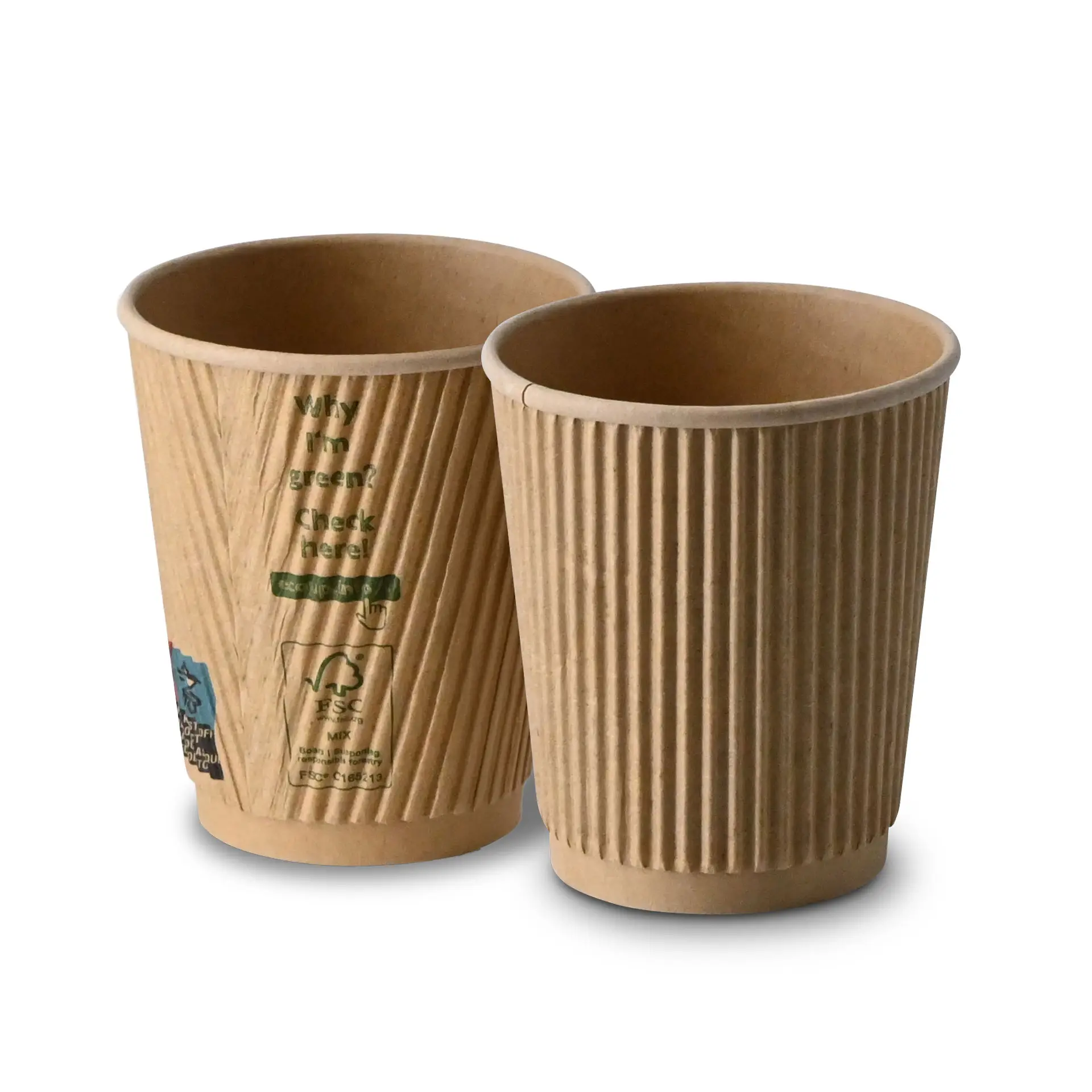 Jedna brązowa filiżanka z falistym wzorem i powłoką wewnętrzną z PLA; w tle druga podobna filiżanka. Obie przeznaczone do gorących napojów.