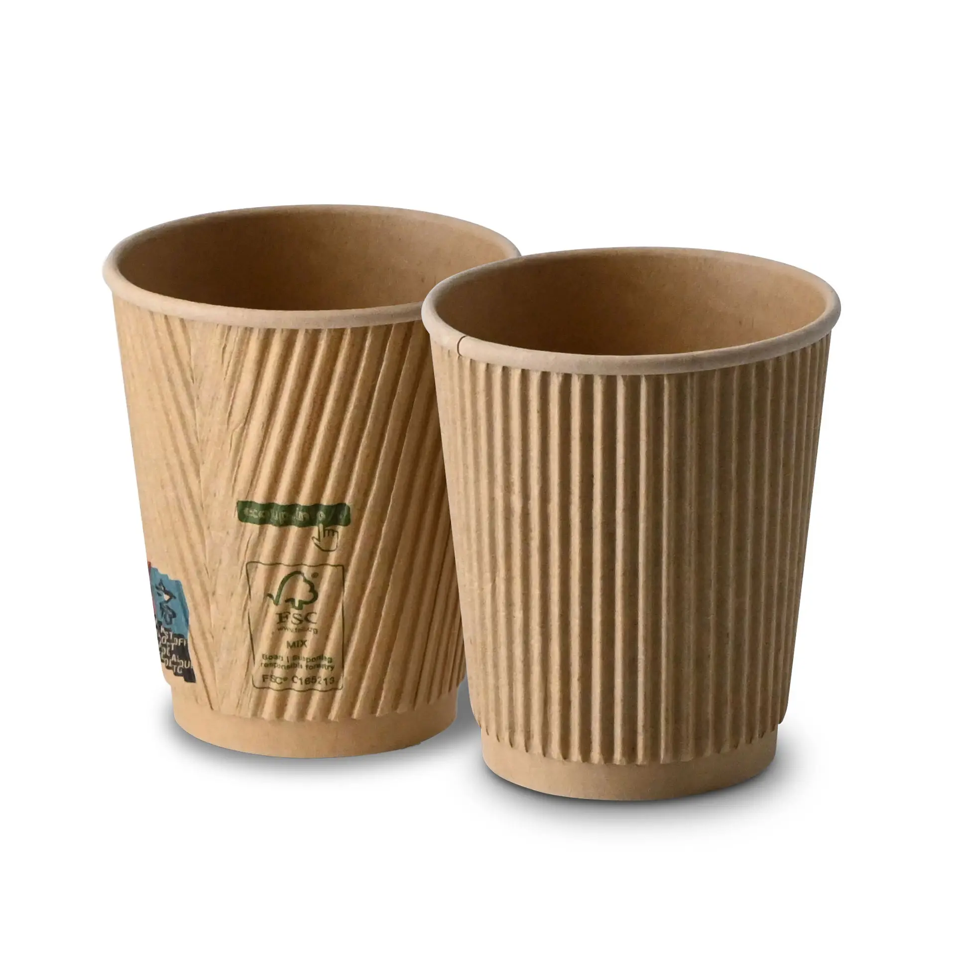 Dwa 8 oz kubki kraft z średnicą 80 mm i wysokością 90 mm, pokazane pod lekkim kątem.