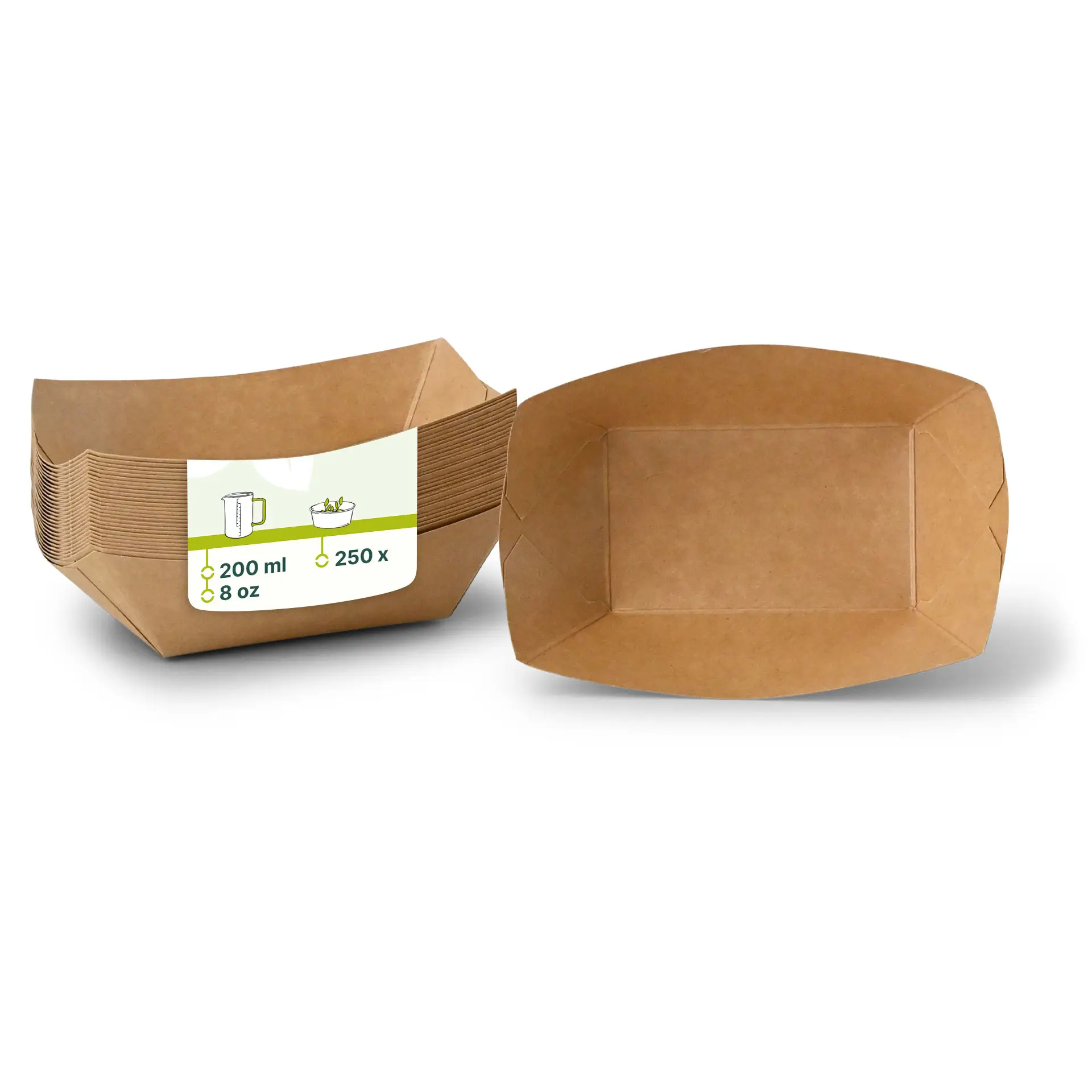 Brązowe tekturowe tace na przekąski do serwowania jedzenia do ręki; zawiera etykietę z danymi produktu; tace są biodegradowalne.