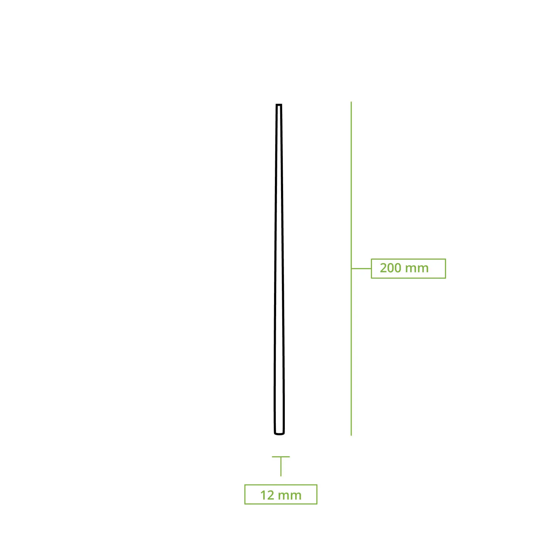 Bambusowe pałeczki, długość 20 cm i szerokość 12 mm, wyeksponowane pionowo z podanymi wymiarami. Zaprojektowane do pudełek azjatyckich i noodle.