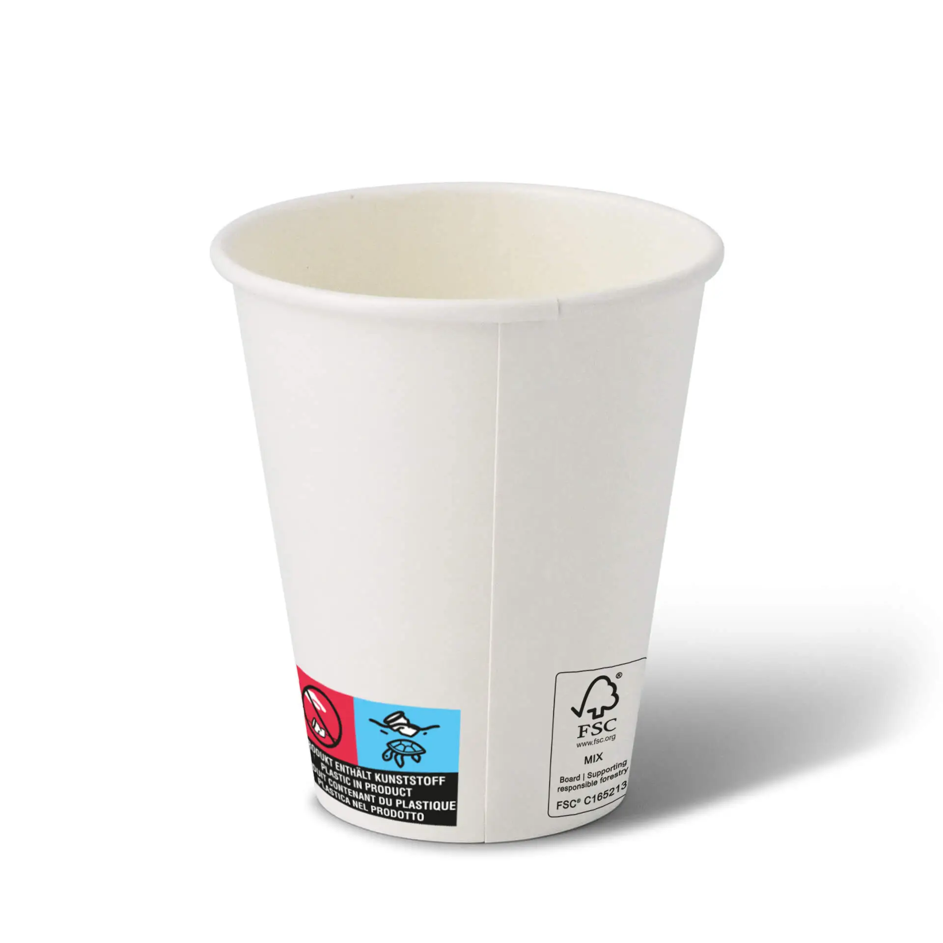 Jednorazowy biały kubek papierowy 10 oz z powłoką PE; zawiera etykietę z oznaczeniami bezpieczeństwa klimatycznego i symbolami recyklingu.