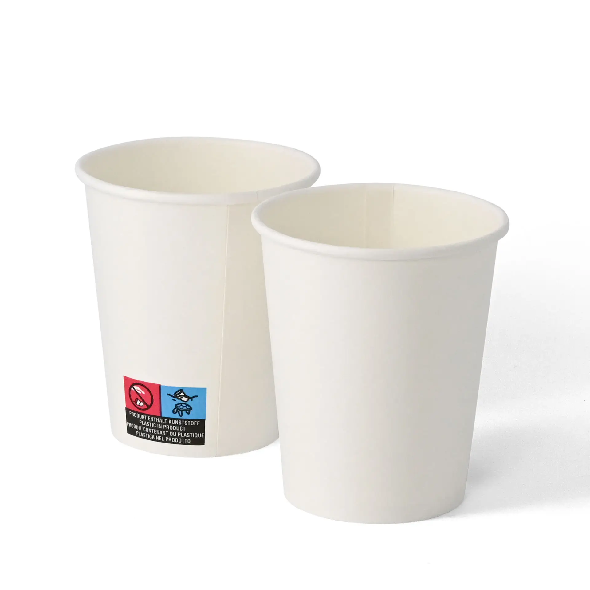 Białe jednowarstwowe kubki papierowe, pojemność 200 ml, średnica 80 mm, z etykietą i symbolami.