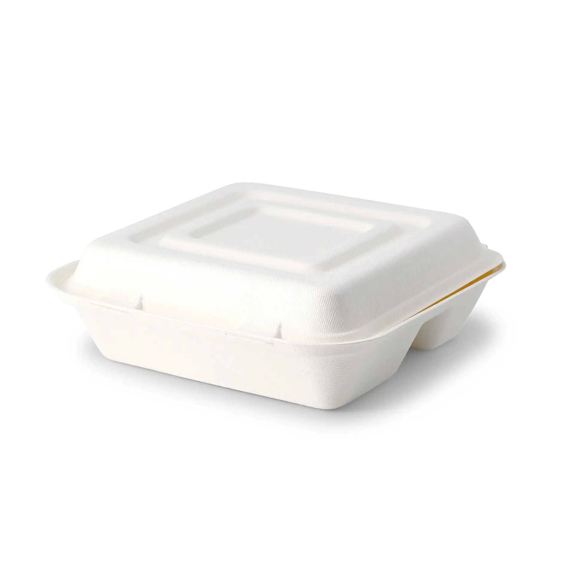 Menübehälter aus Zuckerrohr 23,5 x 23,5 x 8 cm, 3 Kammern, Klappdeckel, rechteckig