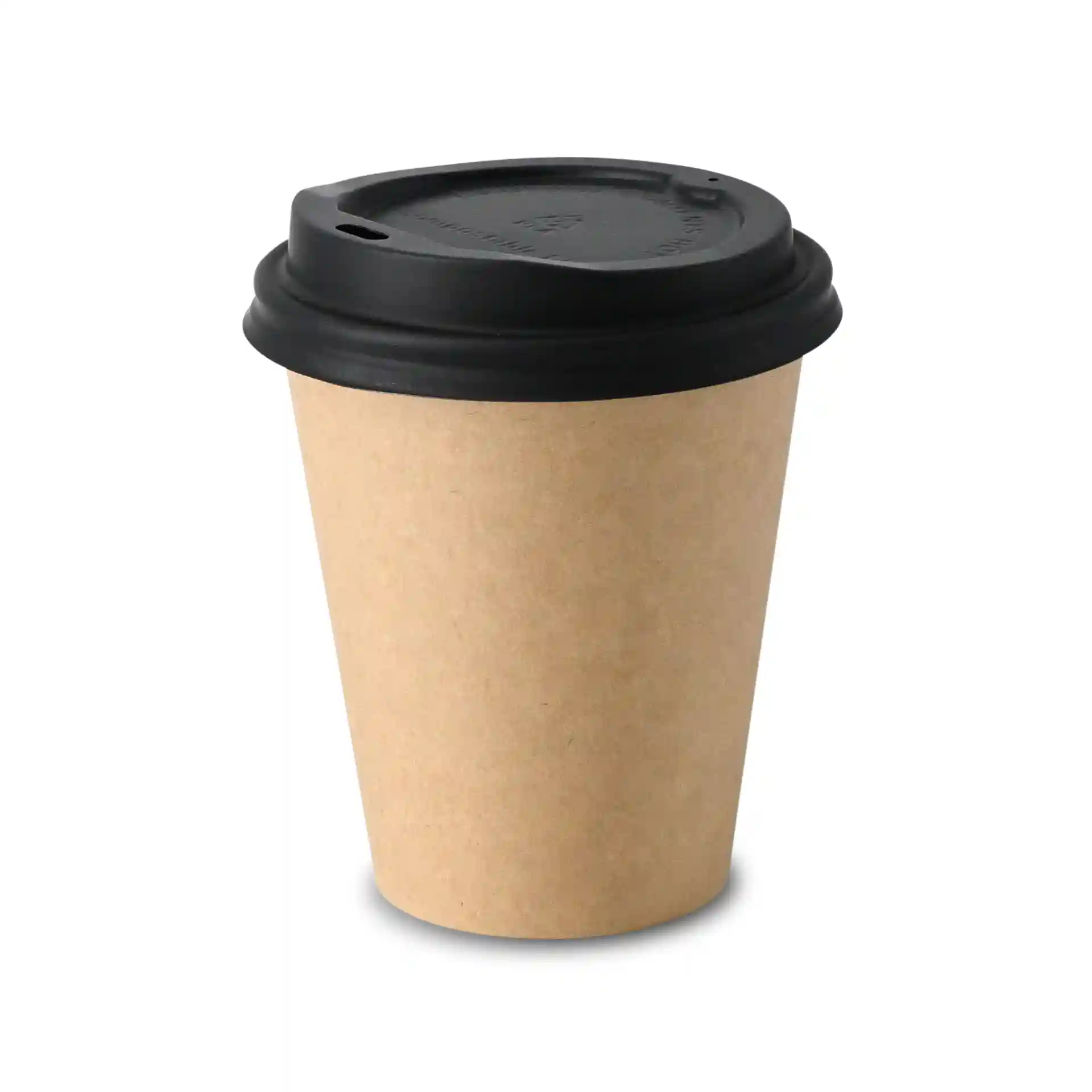 Brązowy kubek papierowy z czarną pokrywką, pojemność 250 ml, pojedyncza ścianka, średnica 90 mm, wysokość 100 mm.