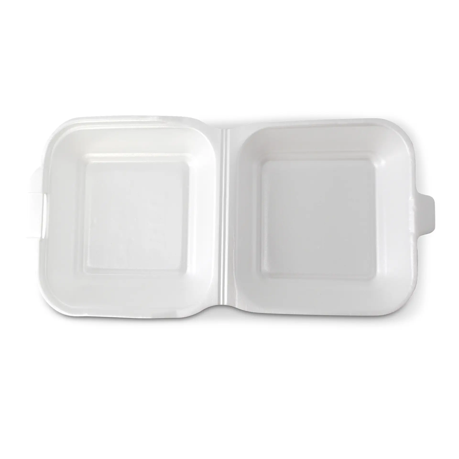 Biały pojemnik na żywność z dwoma przegródkami i zawiasową pokrywką, odpowiedni do dań na wynos lub przechowywania jedzenia.
