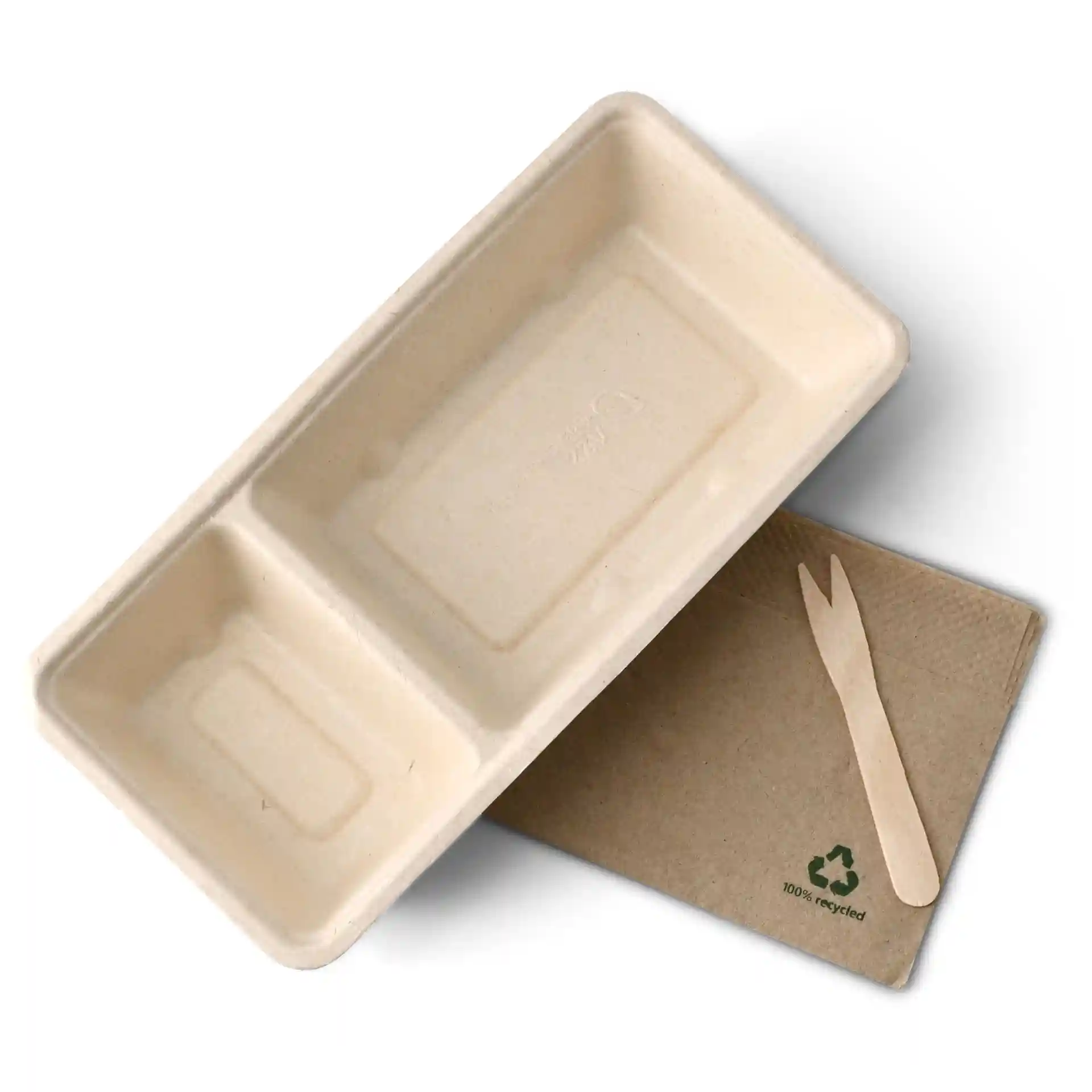 Prostokątna kremowa taca z bagassy z dwoma przegródkami, 9,5 x 20 x 3,5 cm, obok małej drewnianej widelca.