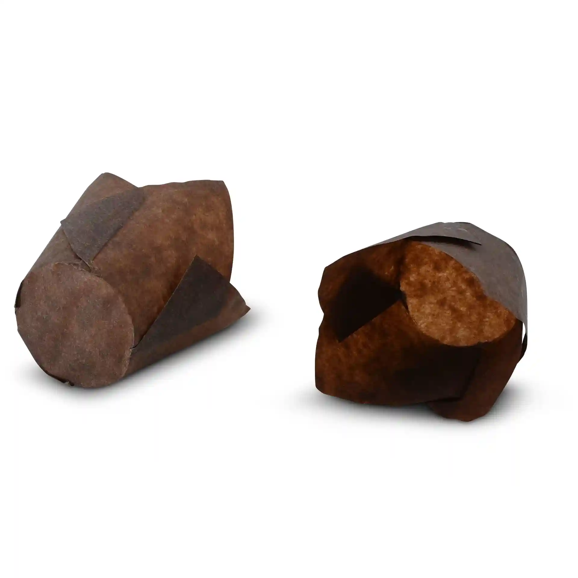Brązowe papierowe kubki na muffiny o wysokości 8 cm i średnicy dna 5 cm, pokazane w dwóch pozycjach.