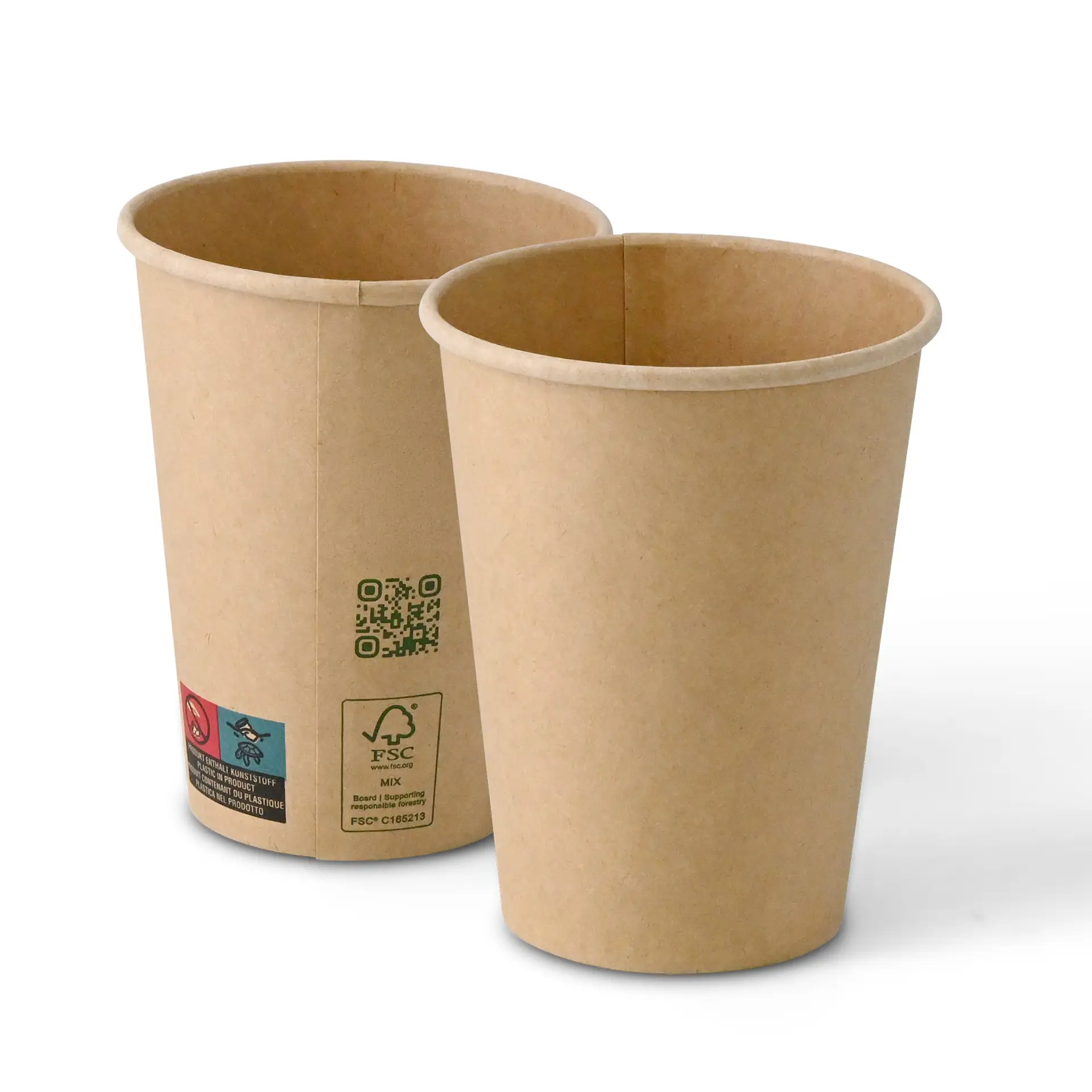 Brązowe kubki papierowe, pojemność 300 ml, jednolita ścianka, średnica 90 mm, pokazane z boku.