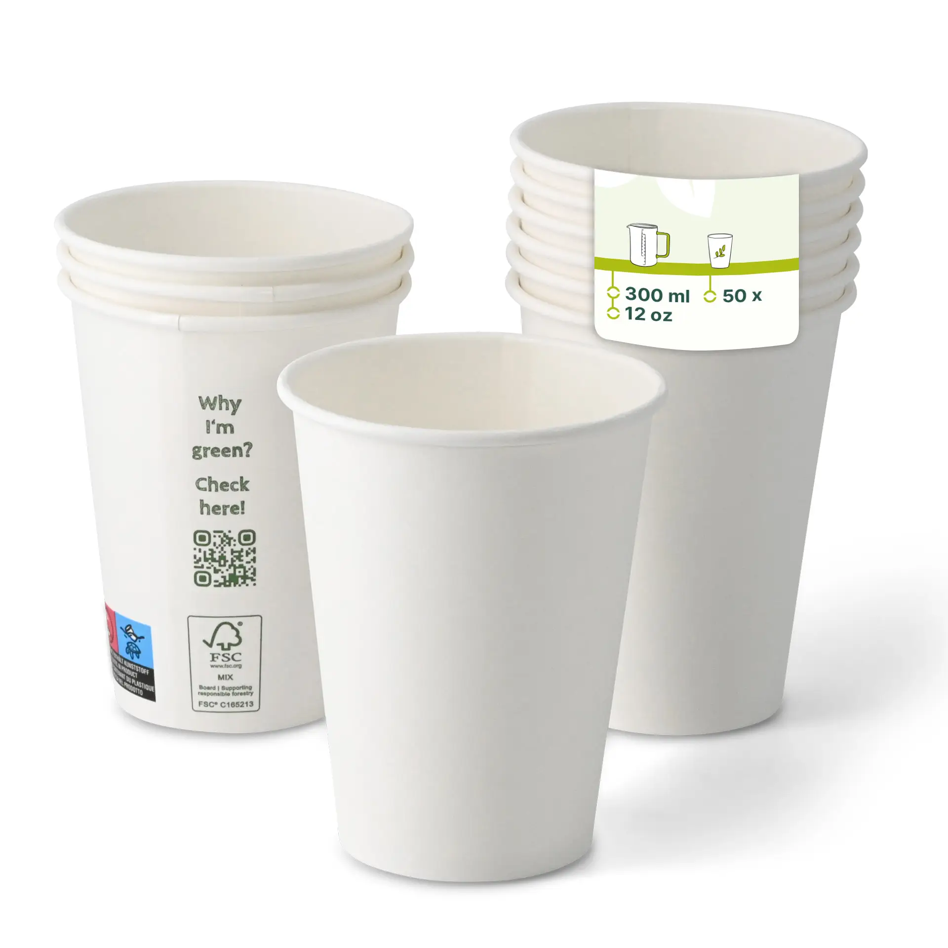 Jedna biała papierowa cup, 300 ml / 12 oz, jednostronna z powłoką PLA; kilka podobnych kubków ułożonych w stos z etykietą QR.