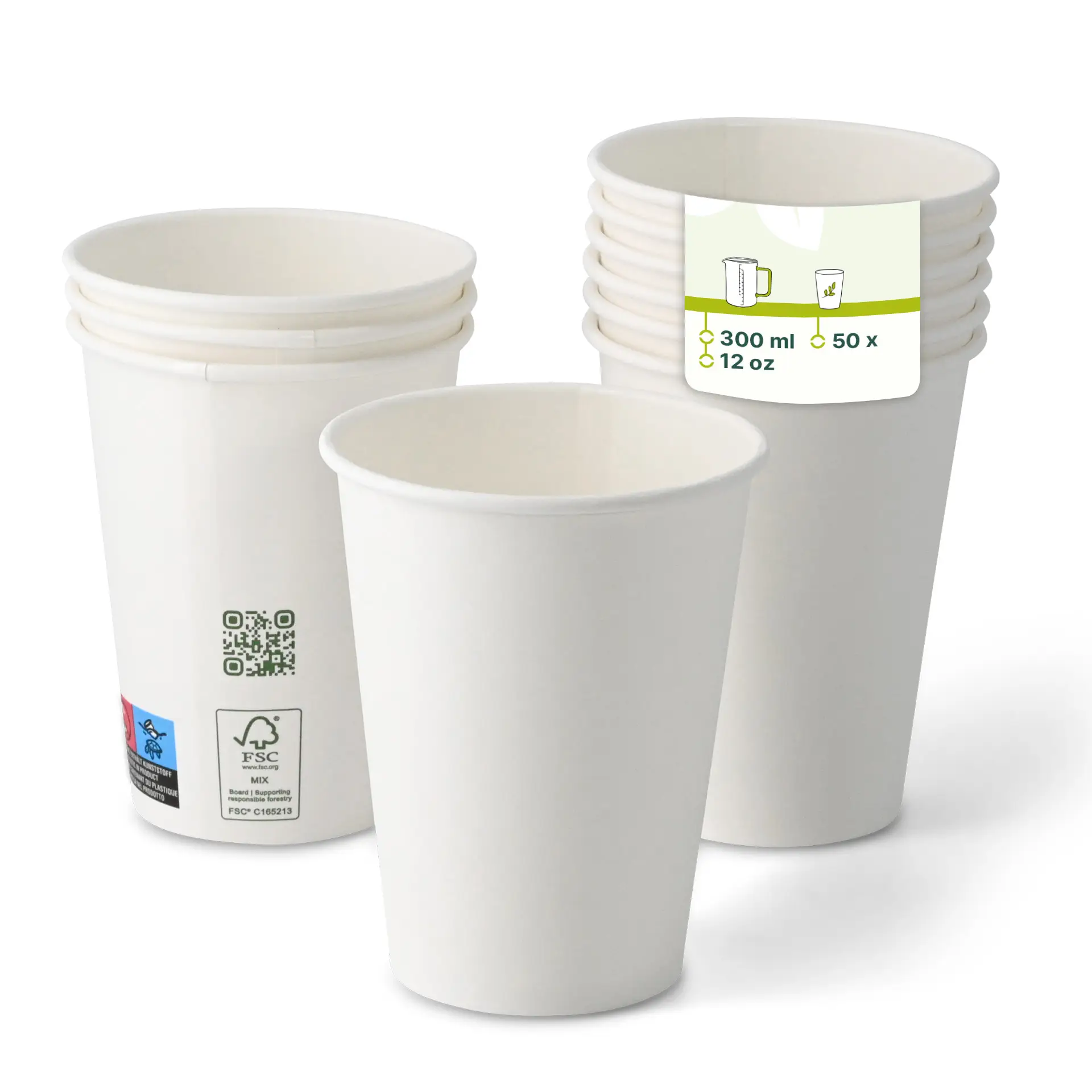 Jedna biała papierowa cup, 300 ml / 12 oz, jednostronna z powłoką PLA; kilka podobnych kubków ułożonych w stos z etykietą QR.