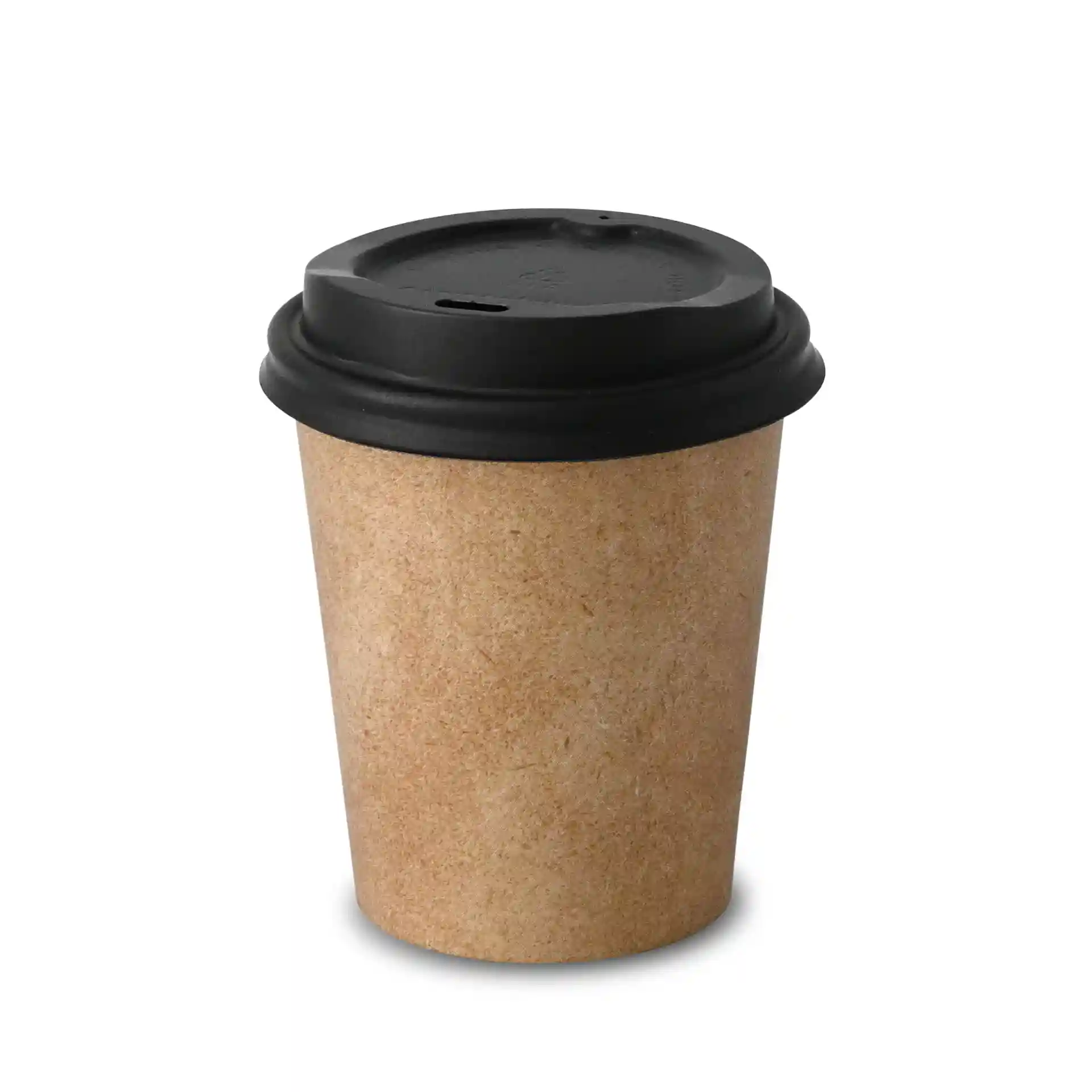 Brązowy kubek papierowy z czarną pokrywką, jednolita ścianka, pojemność 200 ml, średnica 80 mm, wysokość 90 mm.