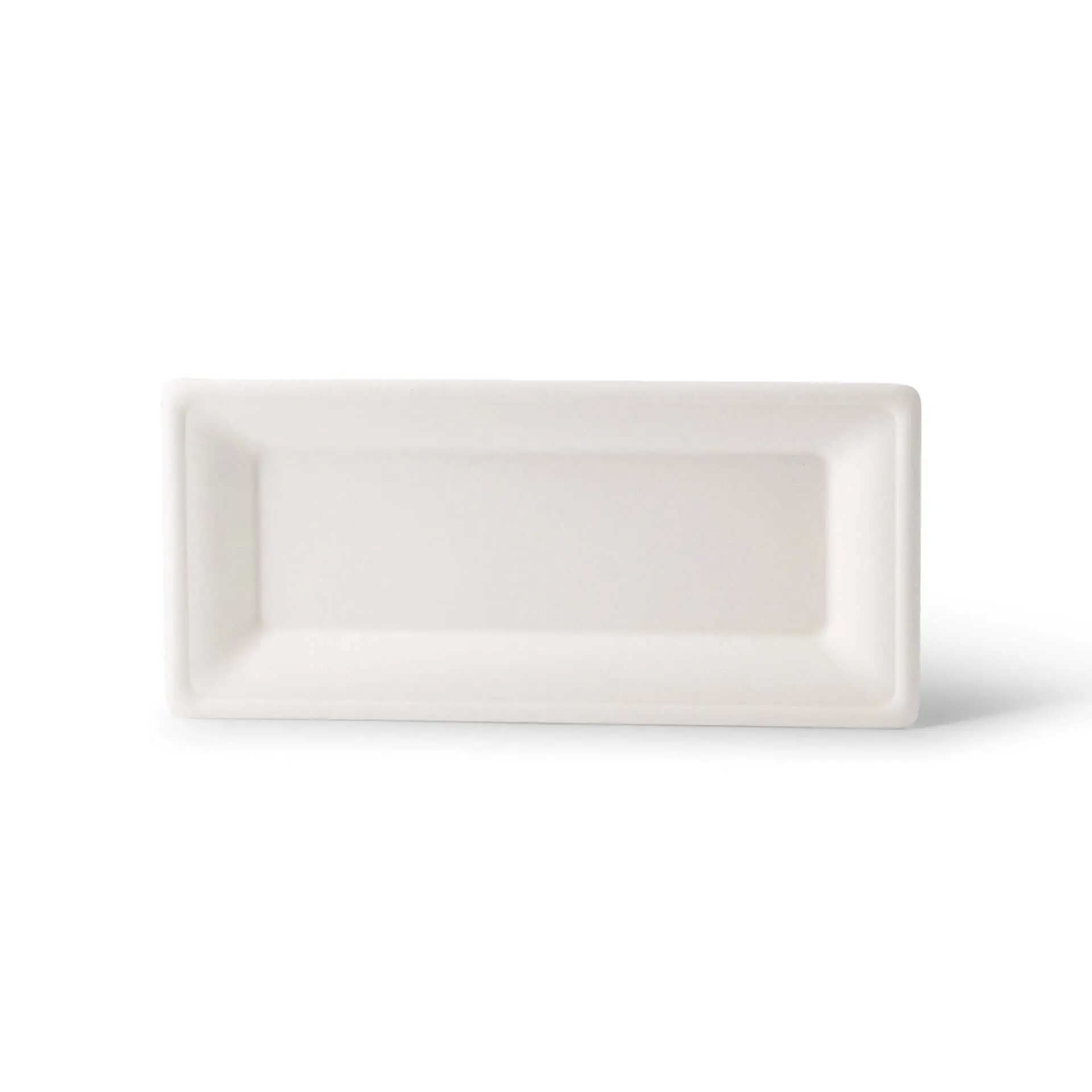 Prostokątny talerz z trzciny cukrowej, 26 x 13 cm, wykonany z materiału biodegradowalnego, odpowiedni do dań gorących i zimnych.