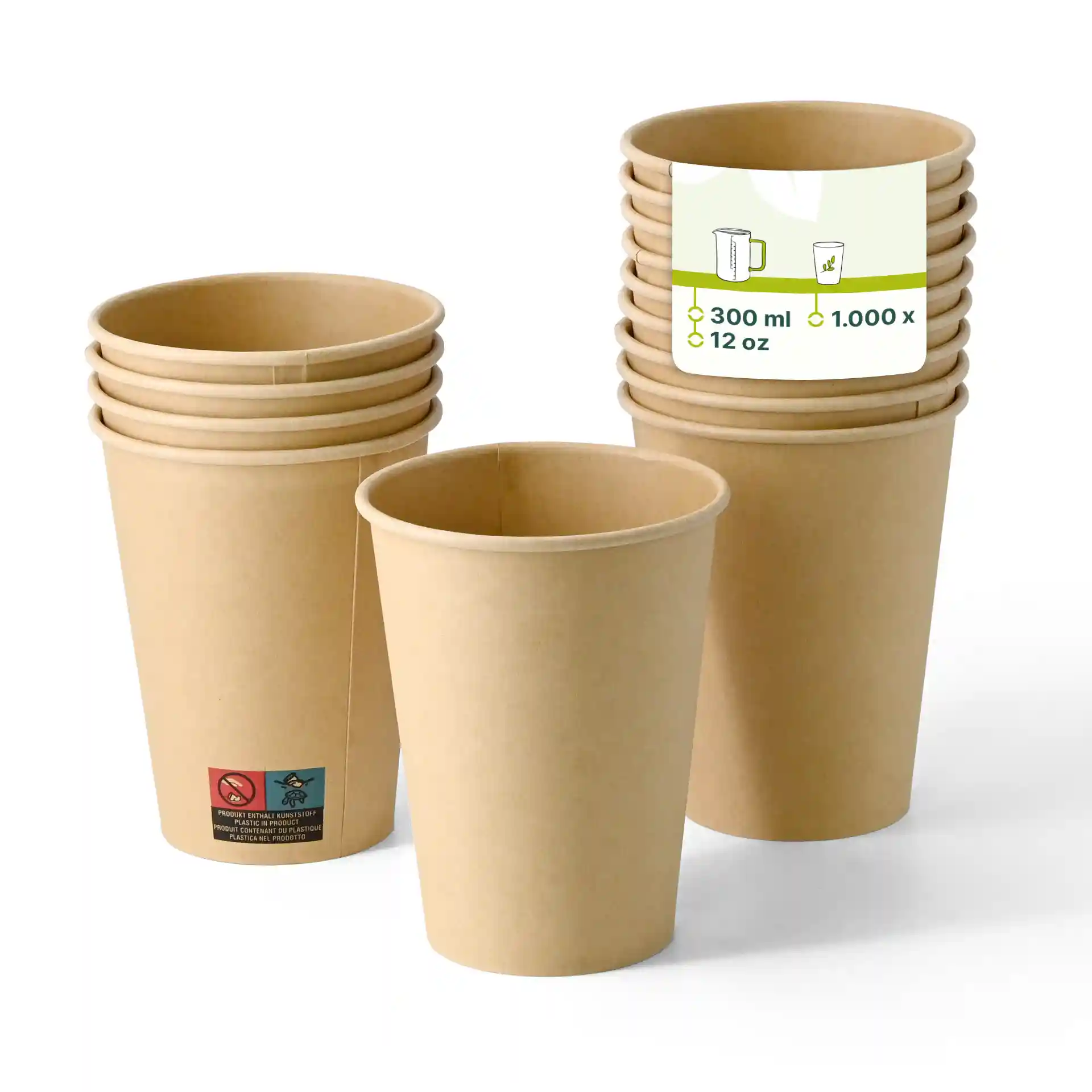 Brązowe papierowe kubki jednowarstwowe, 300 ml / 12 oz, ułożone jeden na drugim z etykietą z informacjami.