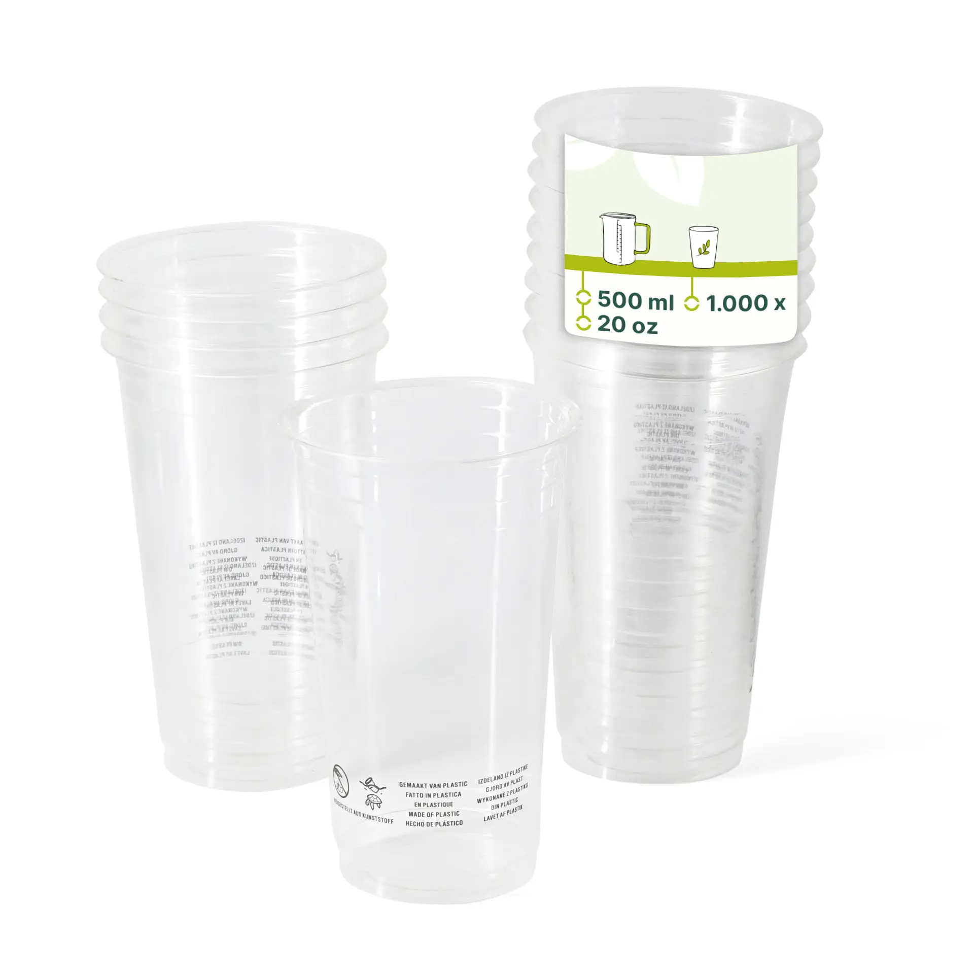 Przezroczyste kubki PLA ułożone w stos, każdy o pojemności 500 ml i średnicy 95 mm.