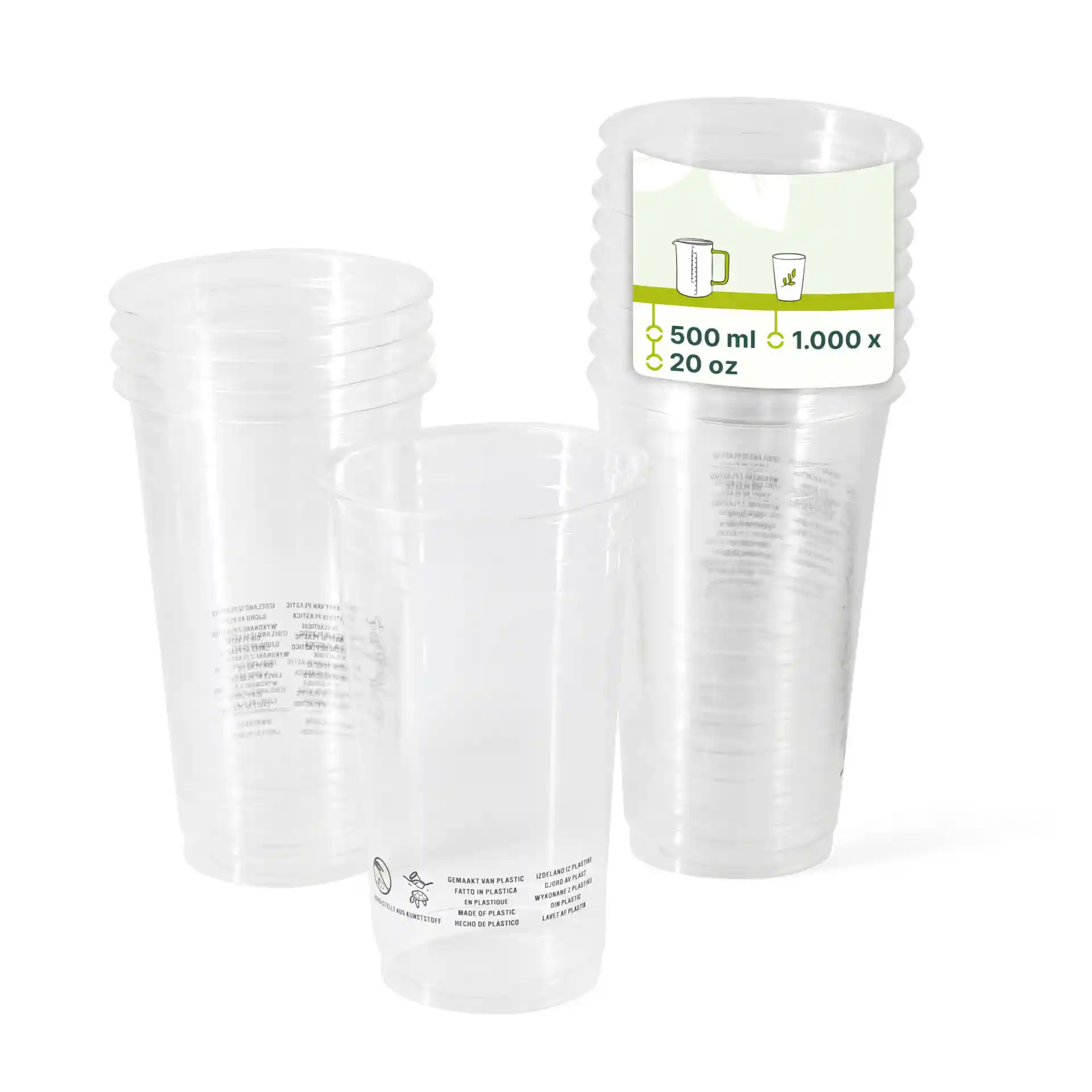 Przezroczyste kubki PLA ułożone w stos, każdy o pojemności 500 ml i średnicy 95 mm.