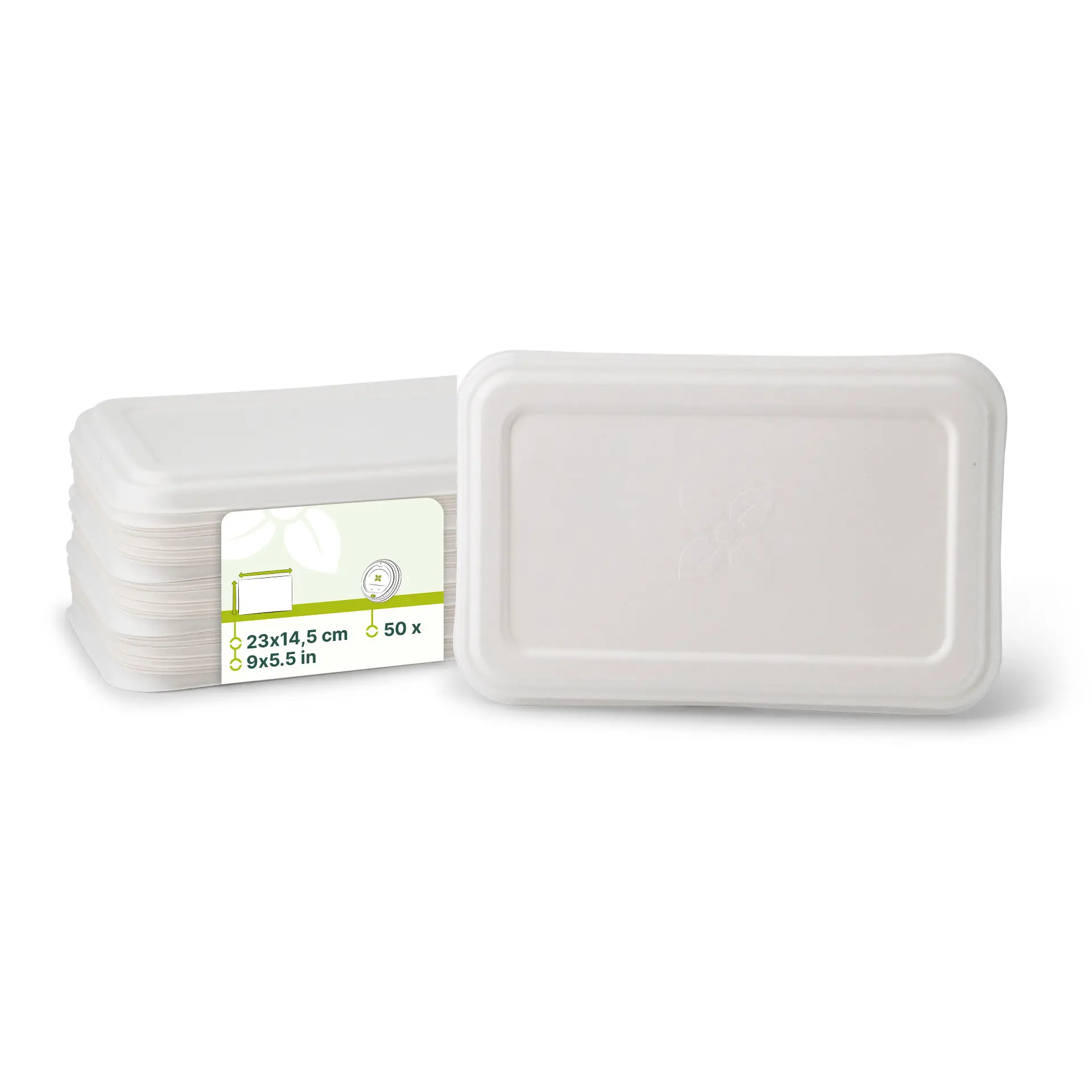 Prostokątne pokrywki z trzciny cukrowej o wymiarach 23 x 14,5 cm, biodegradowalne, odpowiednie do gorących i zimnych dań, pokazane z opakowaniem.
