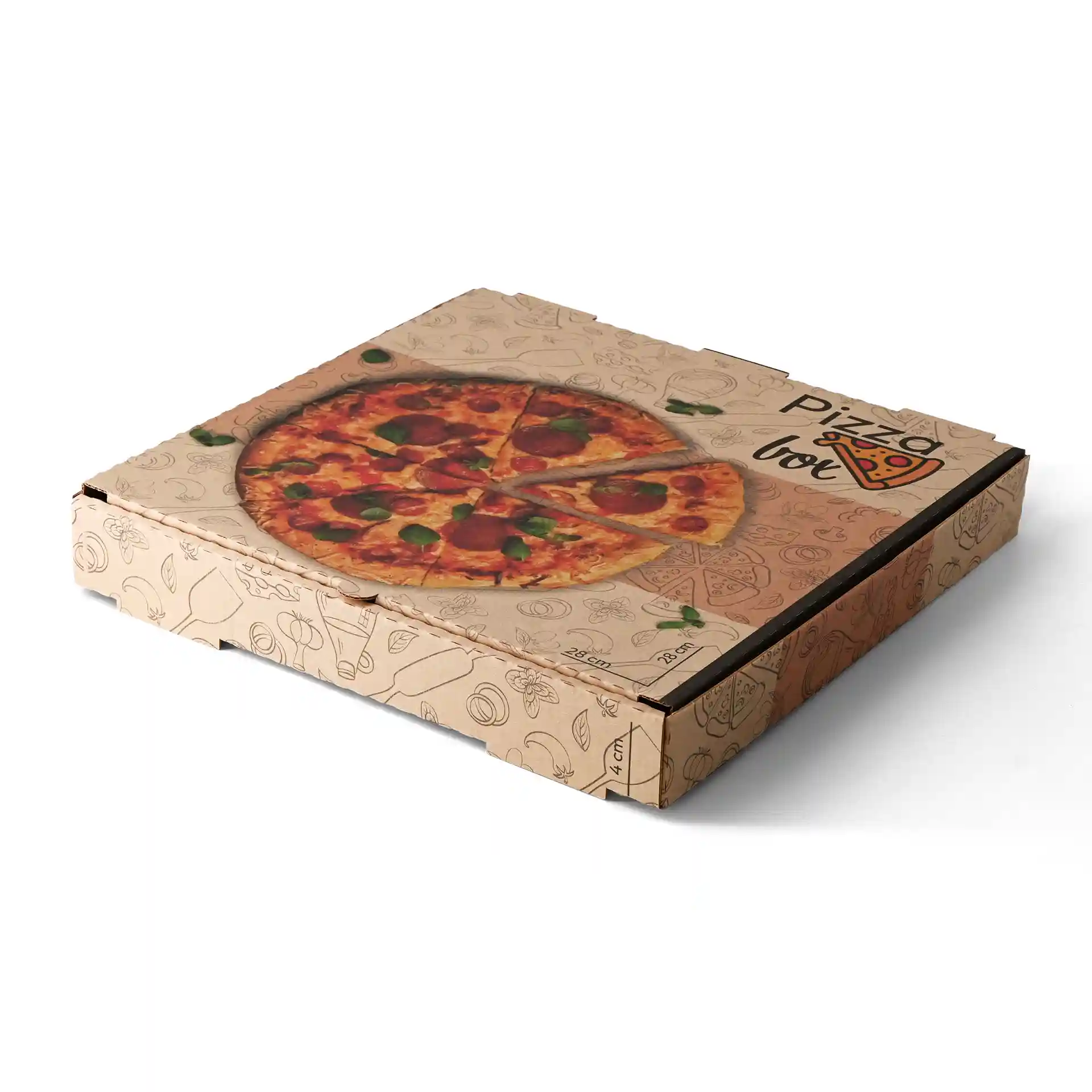 Brąsna pudełko na pizzę z nadrukiem pizzy na górze, o wymiarach 28 x 28 x 4 cm.