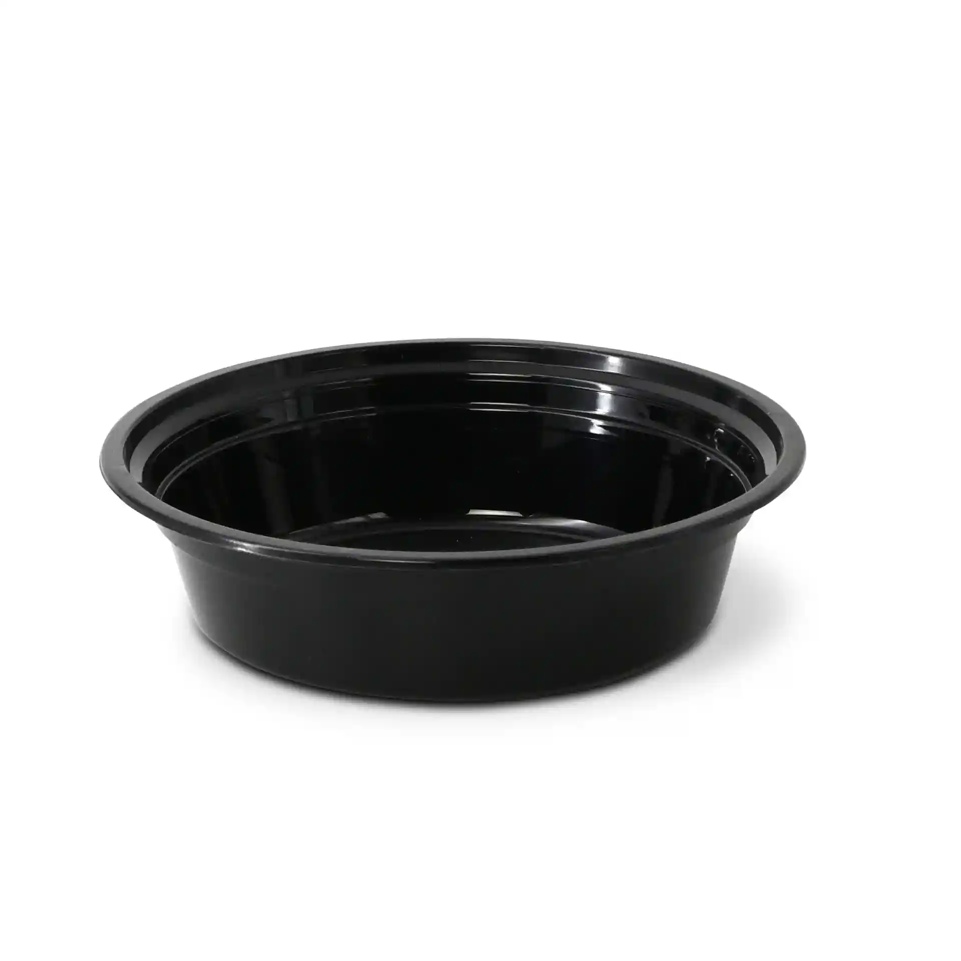 Okrągły czarny talerz wielokrotnego użytku z polipropylenu, pojemność 450 ml, średnica 158 mm.