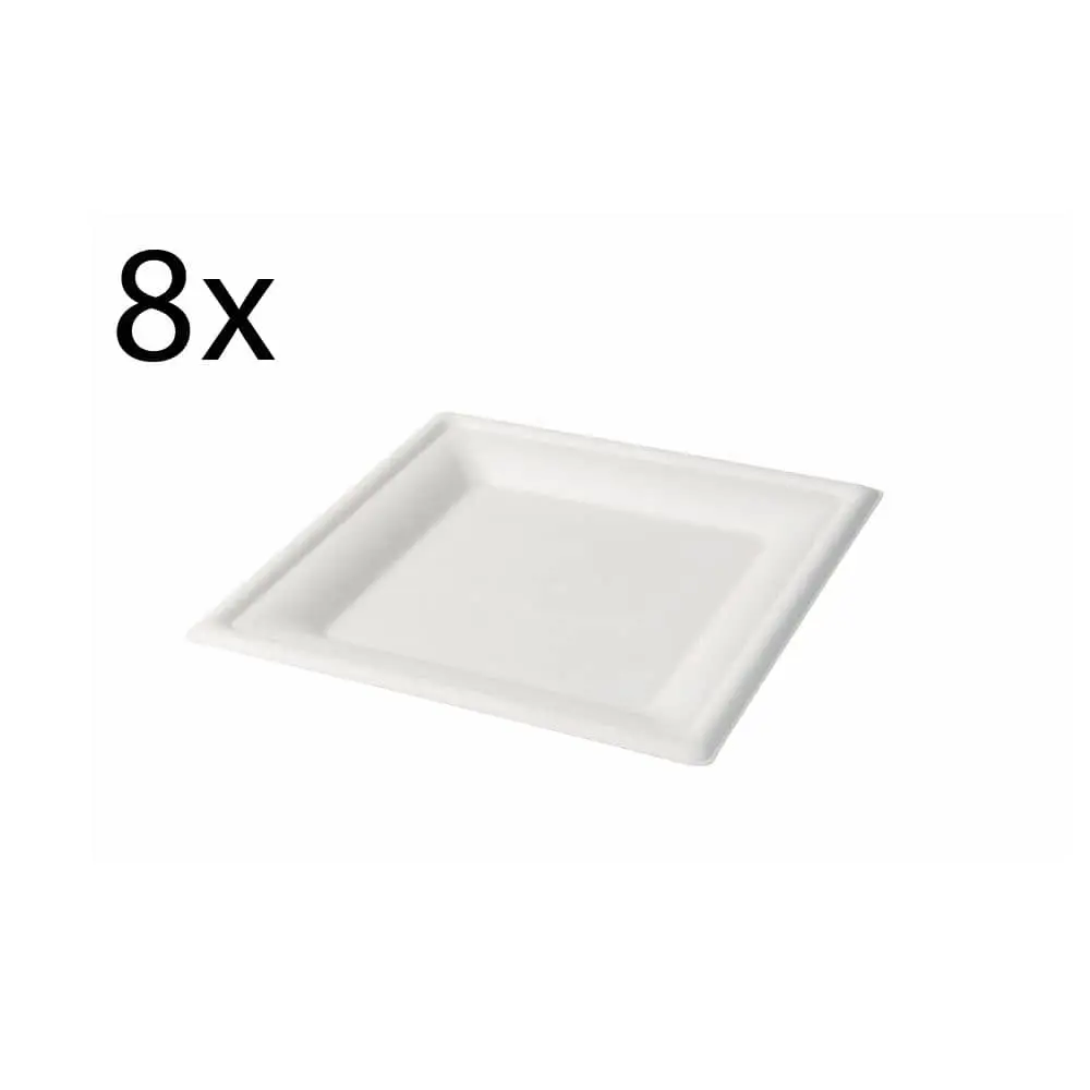 Jedna kwadratowa talerz z trzciny cukrowej, 20 x 20 cm, pokazana z numerem '8x' wskazującym na wiele przedmiotów.