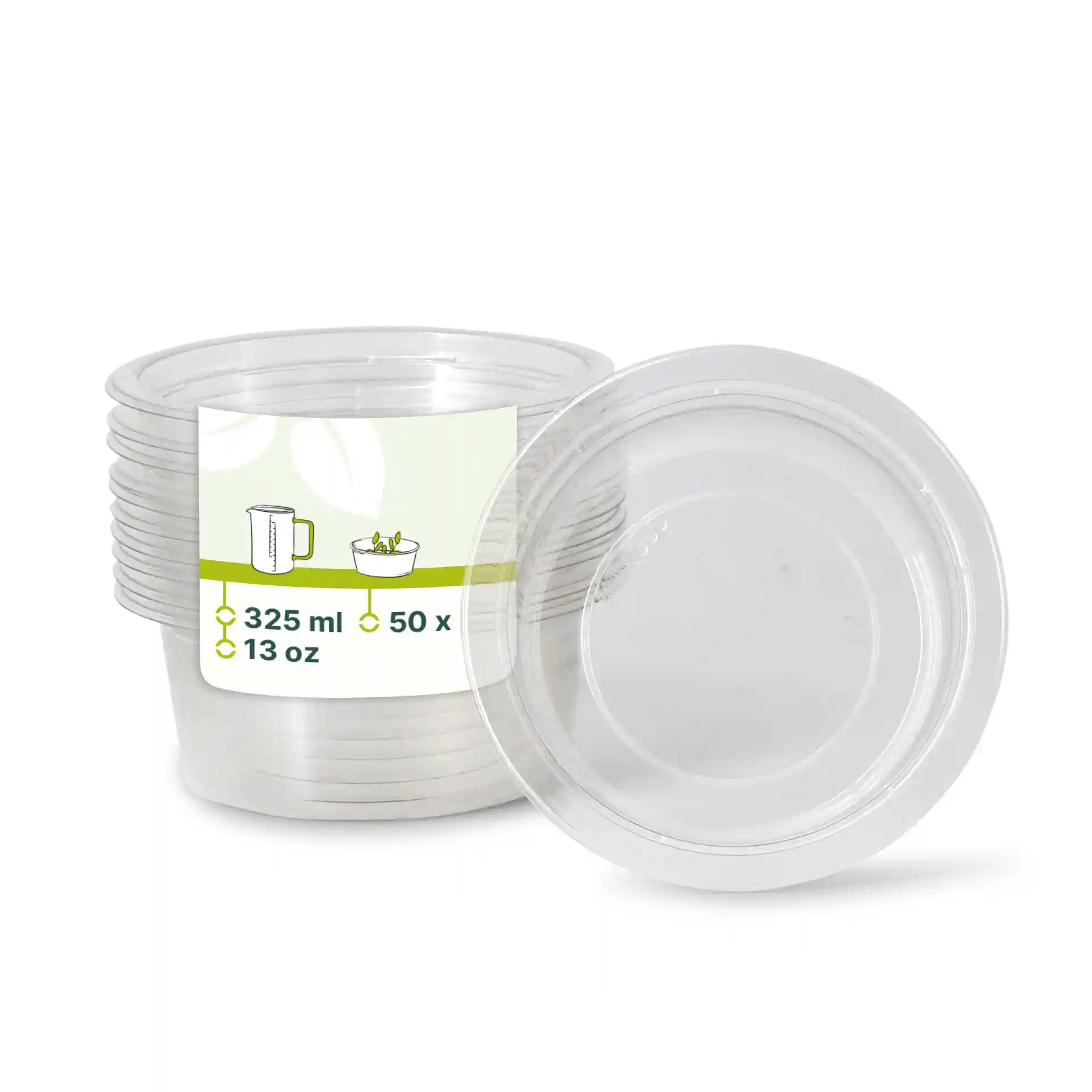 Przezroczyste pojemniki deli rPET, objętość 325 ml, wysokość 60 mm i średnica 123 mm, ułożone w grupie.