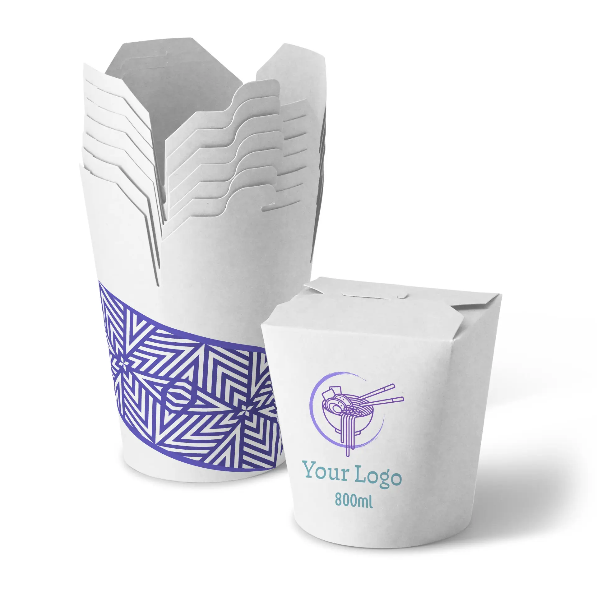 Pudełka na makaron z nadrukiem, 800 ml, biały, powłoka PLA