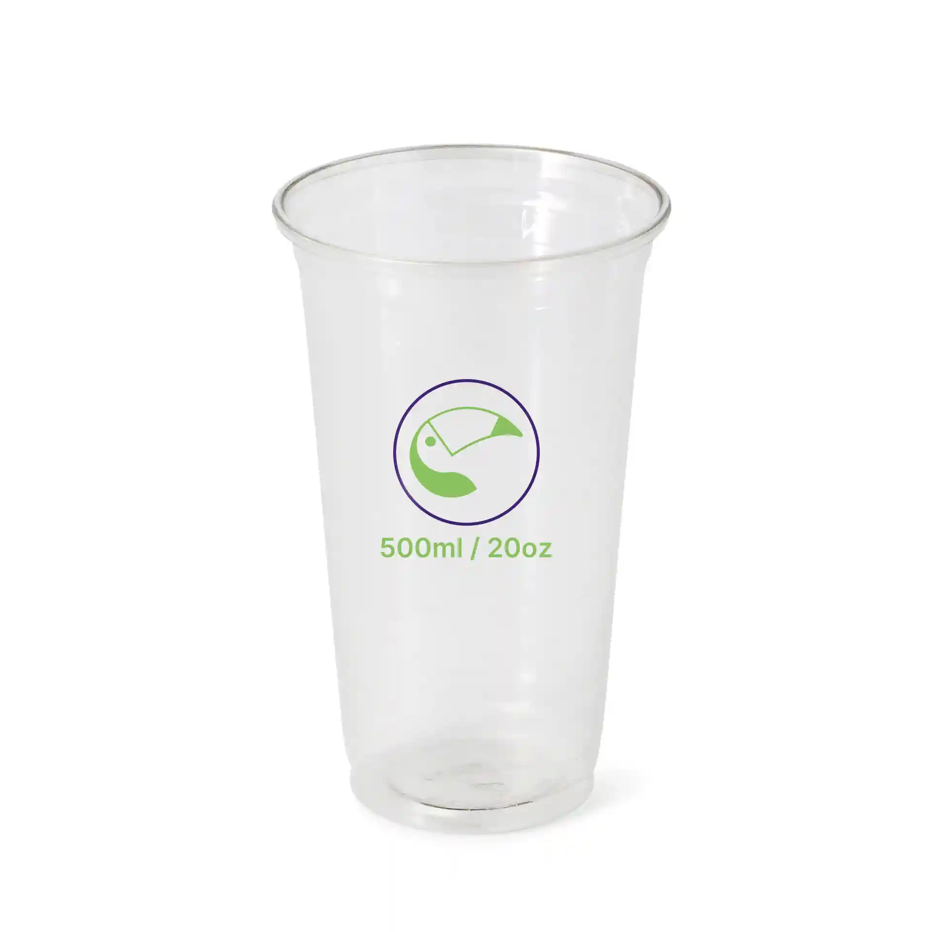 Przezroczysty kubek rPET 20 oz z nadrukowanym zielonym i fioletowym symbolem, wskazującym objętość 500 ml / 20 oz.