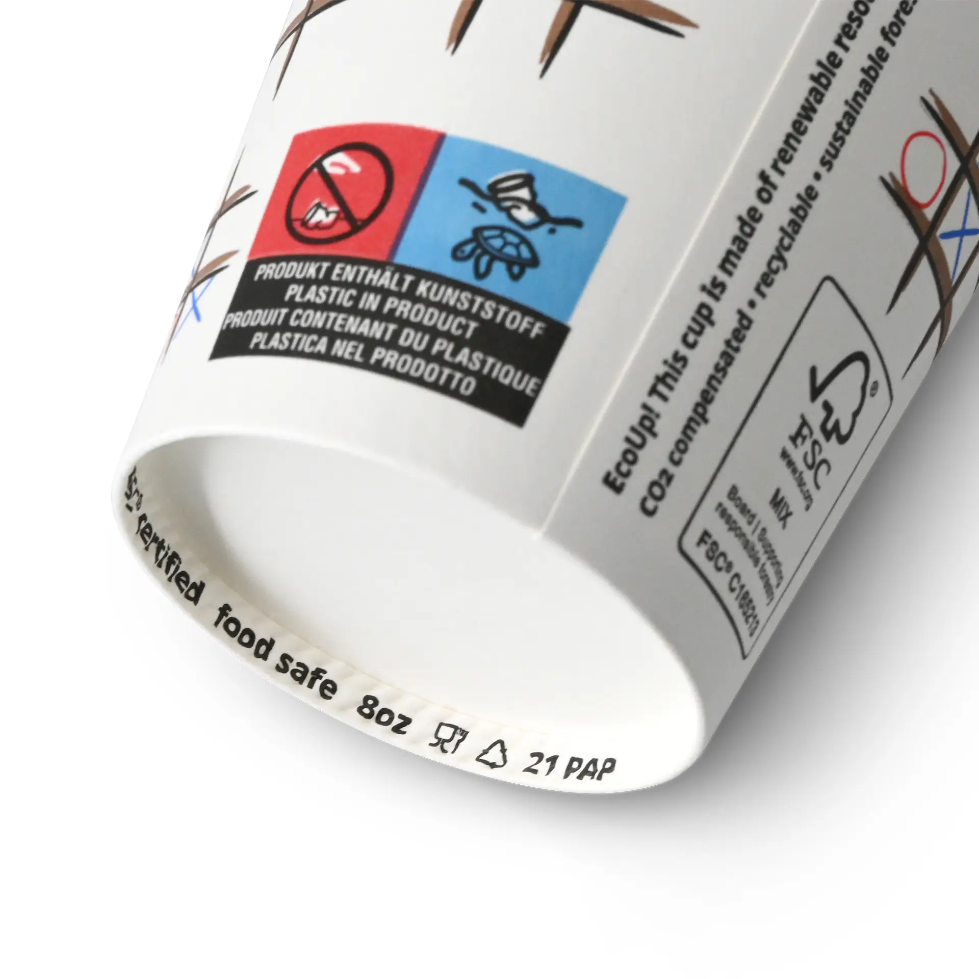Biały papierowy kubek z nadrukiem "Tic Tac Toe"; bezpieczny dla żywności, powlekany PE, odpowiedni do napojów gorących i zimnych.