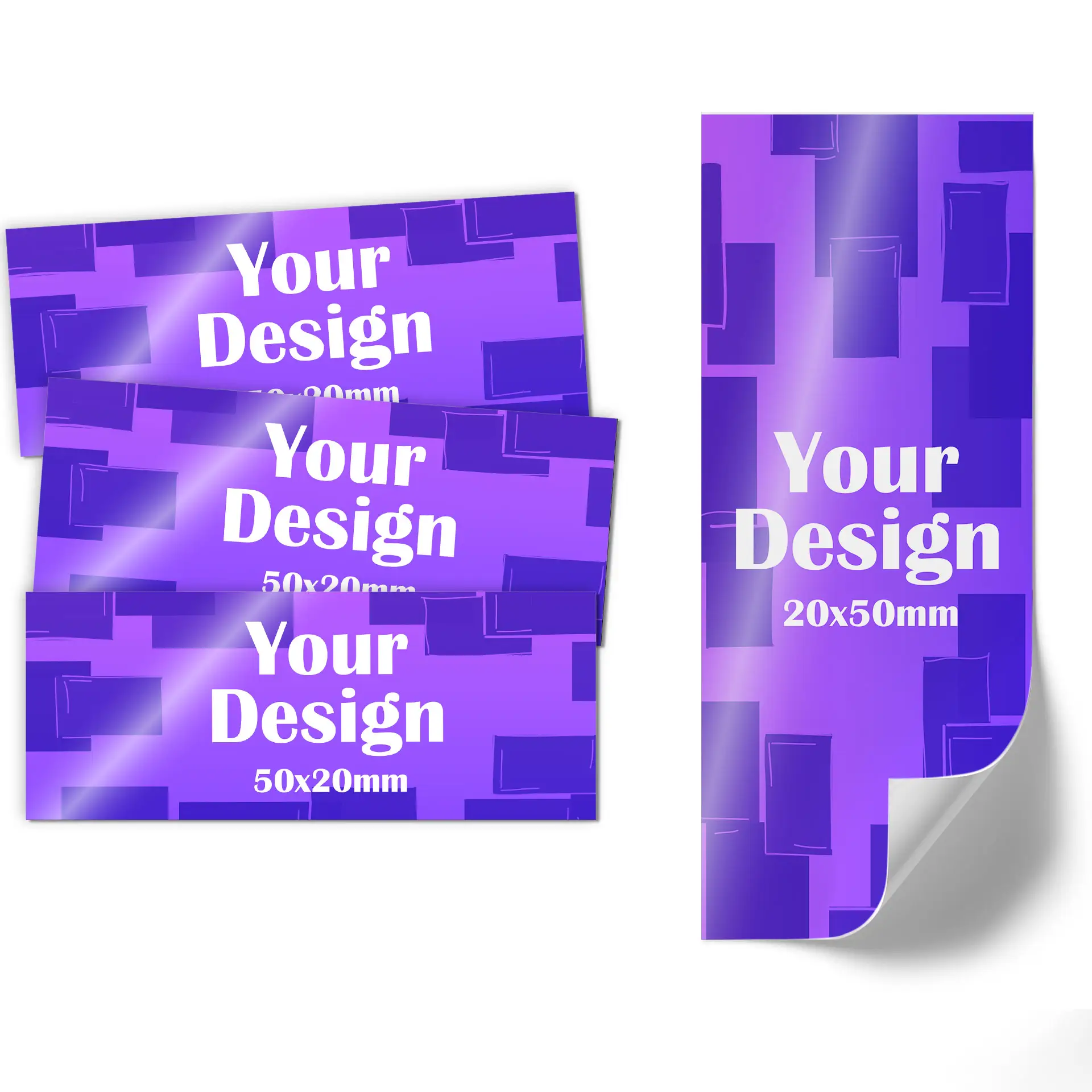 Fioletowa etykieta z ikoną wskaźnika i wymiarami 50x20 mm; jeden róg jest lekko zawinięty.