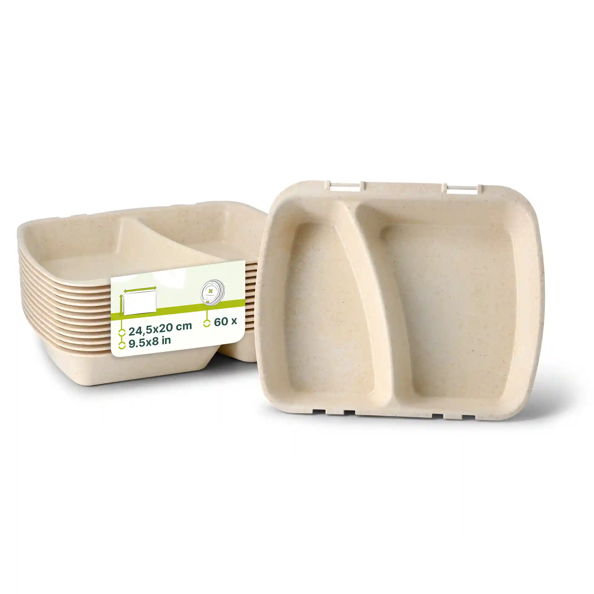 Wielokrotne pojemniki na posiłki z dwoma przegrodami w kremowej bieli, 24,5 x 20 cm, ułożone z etykietą.