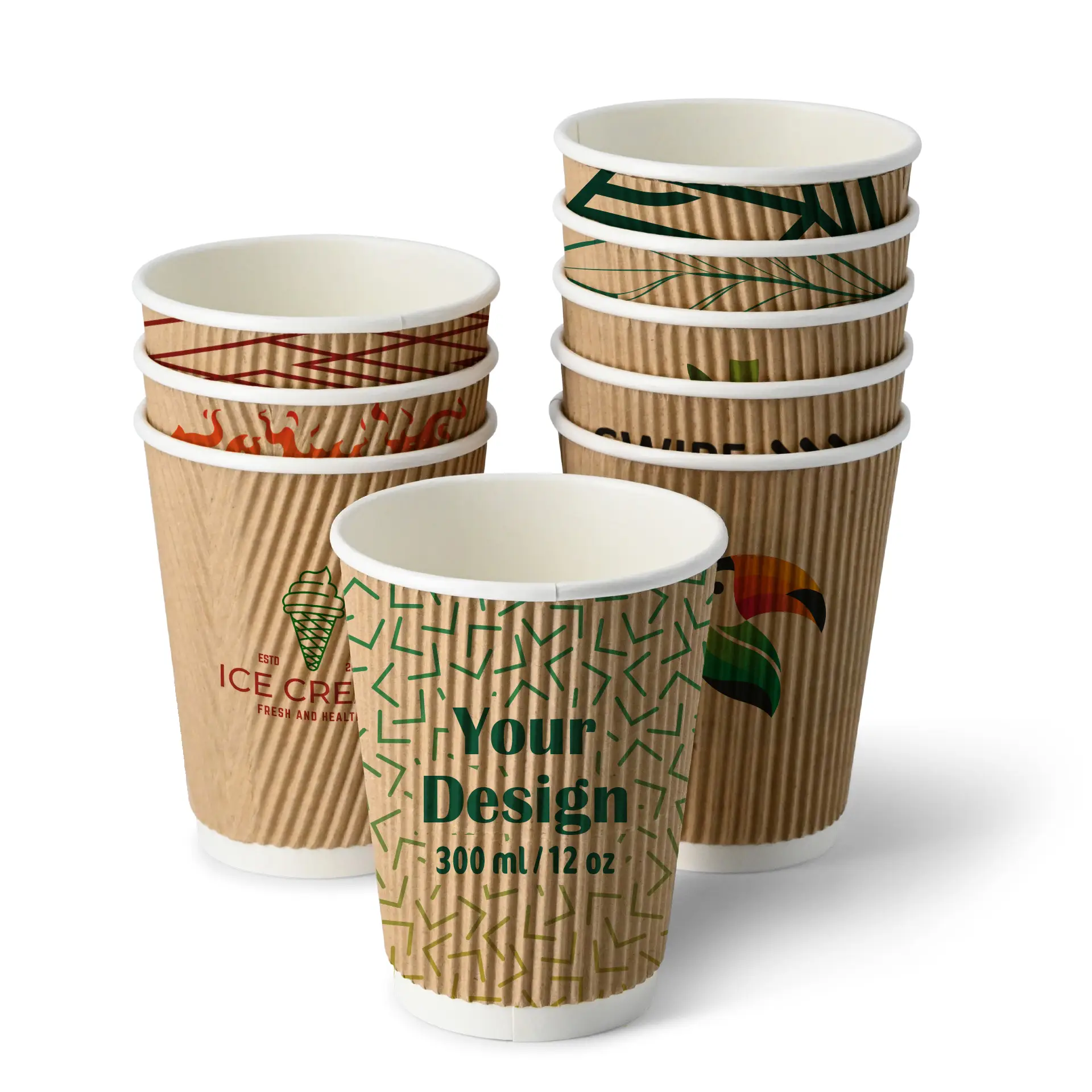 Riffelbecher bedruckt, 300 ml / 12 oz, braun / weiß, PE-beschichtet