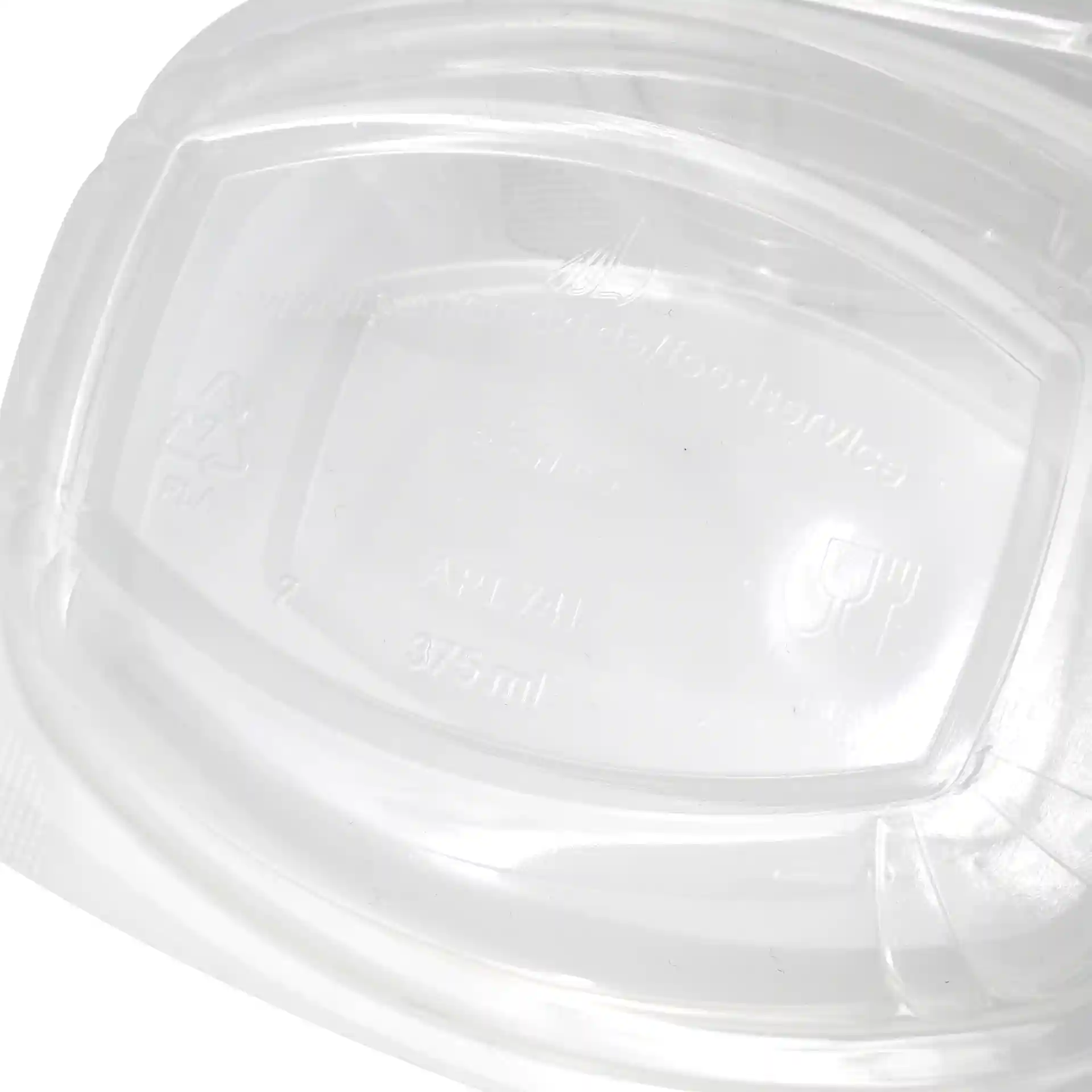 Przezroczysta prostokątna miska deli z PLA z składanym wiekiem, pojemność 375 ml, z wewnętrznymi oznaczeniami.