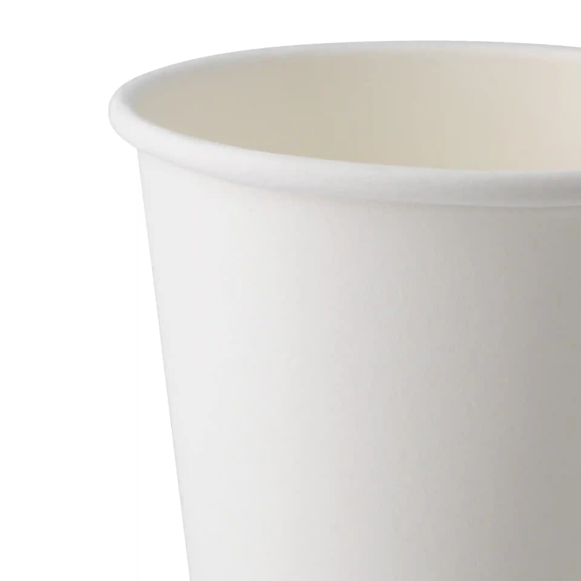 Biały papierowy kubek z pojedynczą ścianką, pojemność 300 ml i średnica 90 mm.